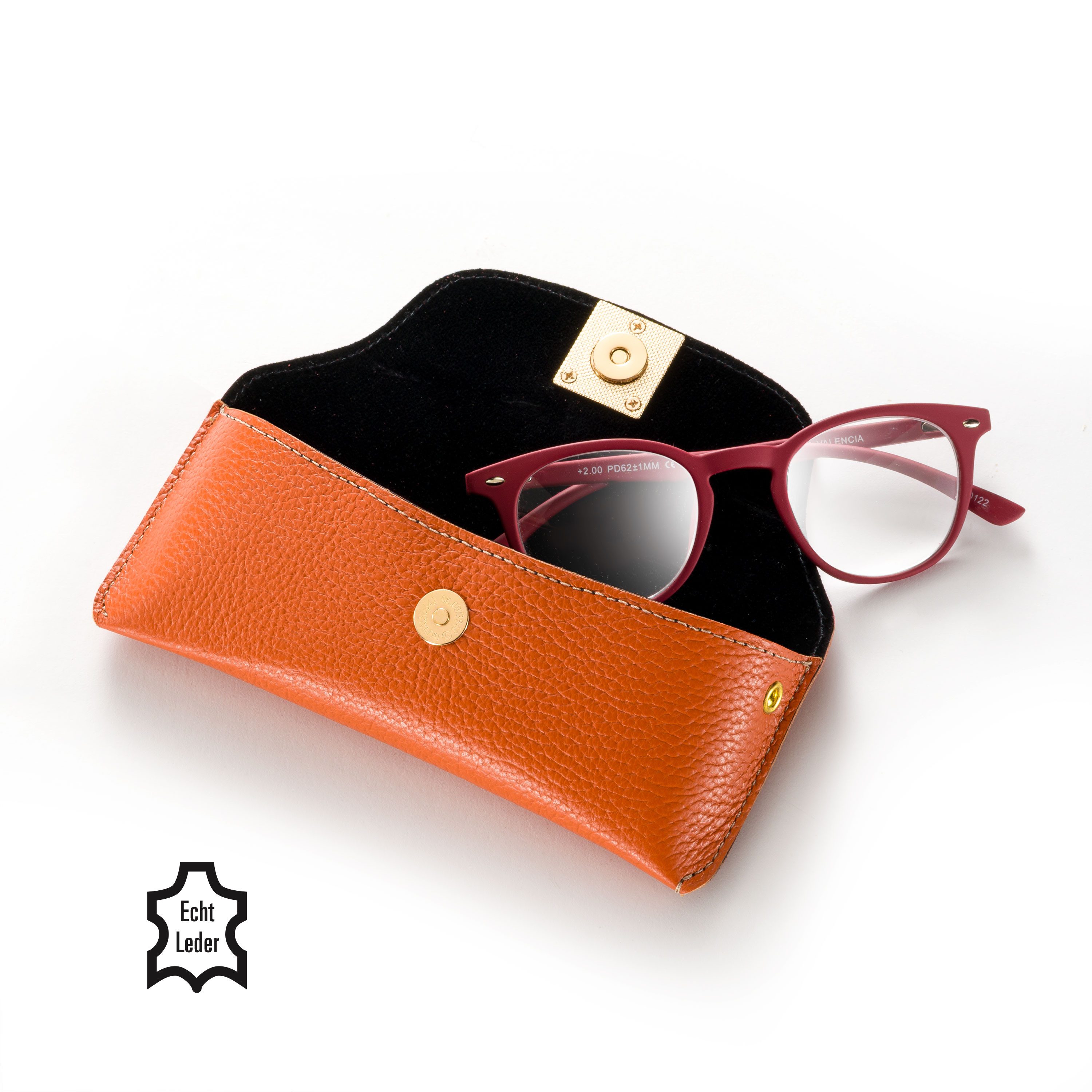 FEFI Brillenetui Echt-Leder mit Anhänger, Exclusive Line, Set aus 1 Etui + hochwertigem Mikrofasertuch