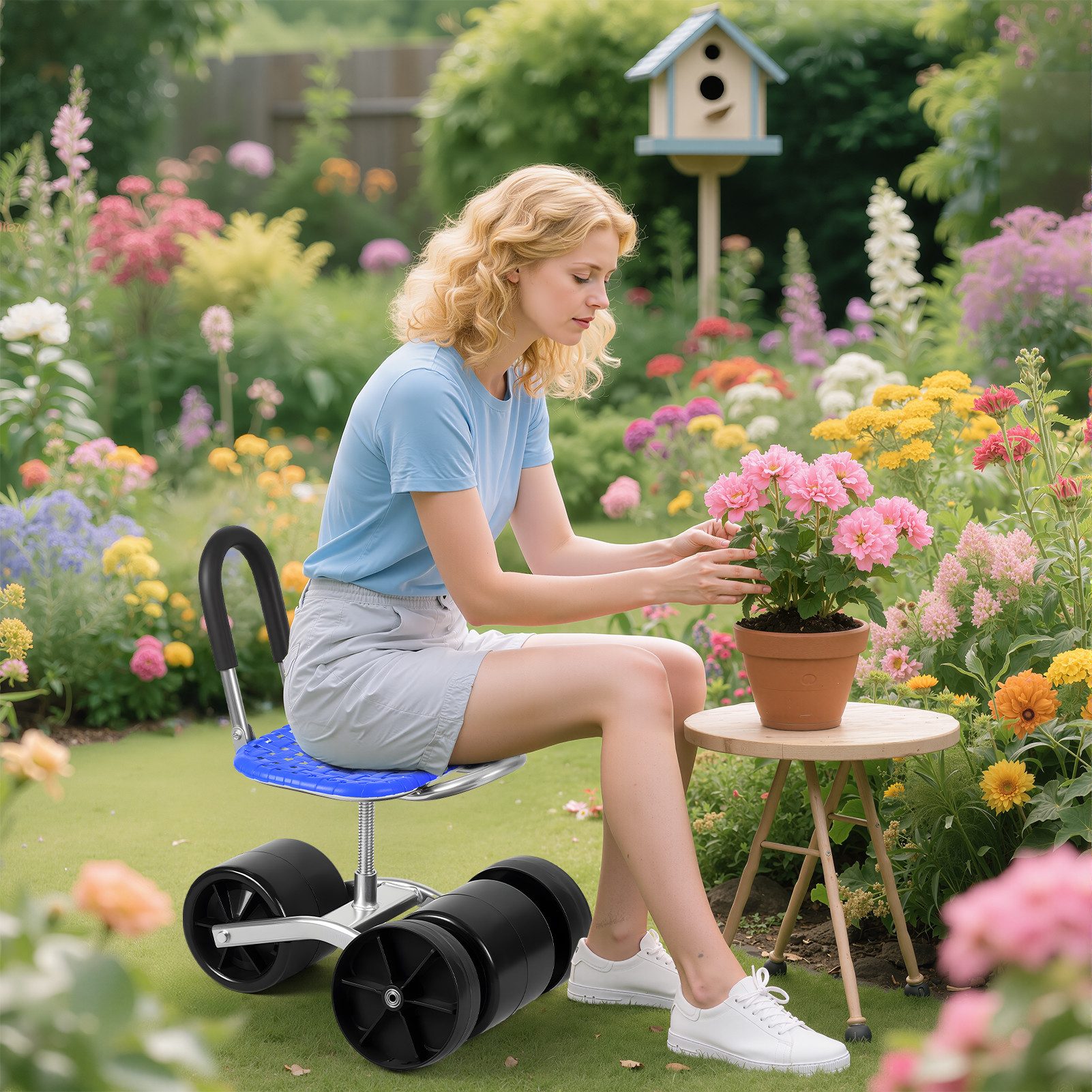 Rutaqian Bürowagen Gartenhocker mit Rädern, Rollbarer Gartenwagen mit 360-Grad-Drehsitz, höhenverstellbar Rollwagen Gartensitz Belastbarkeit 330lbs – Bild 4 von 5