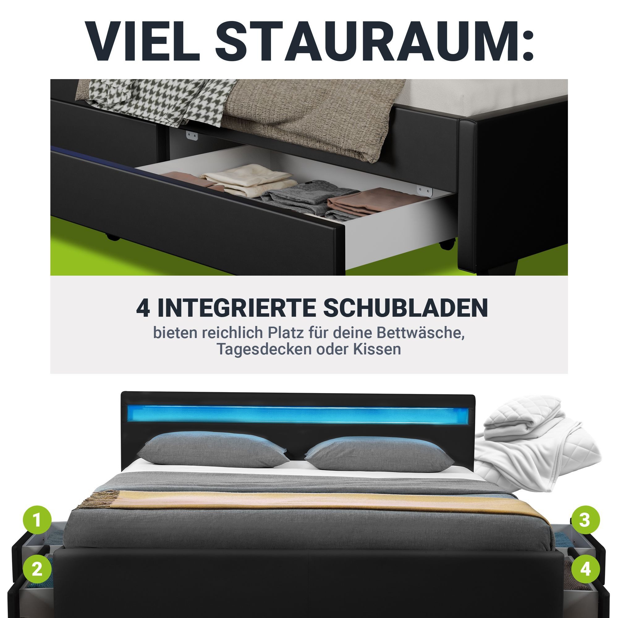 Juskys Polsterbett Lyon, 180x200 cm, ausziehbare Bettkästen, LED-Licht, gep günstig online kaufen