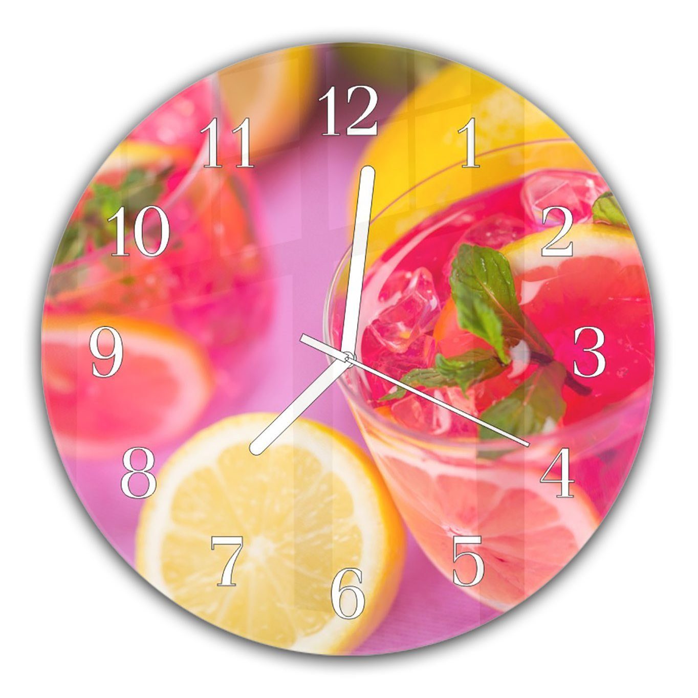 Primedeco Wanduhr Wanduhr aus Glas mit Motiv Rosa Cocktail - Rund mit Durchmesser 30 cm und Quarzuhrwerk