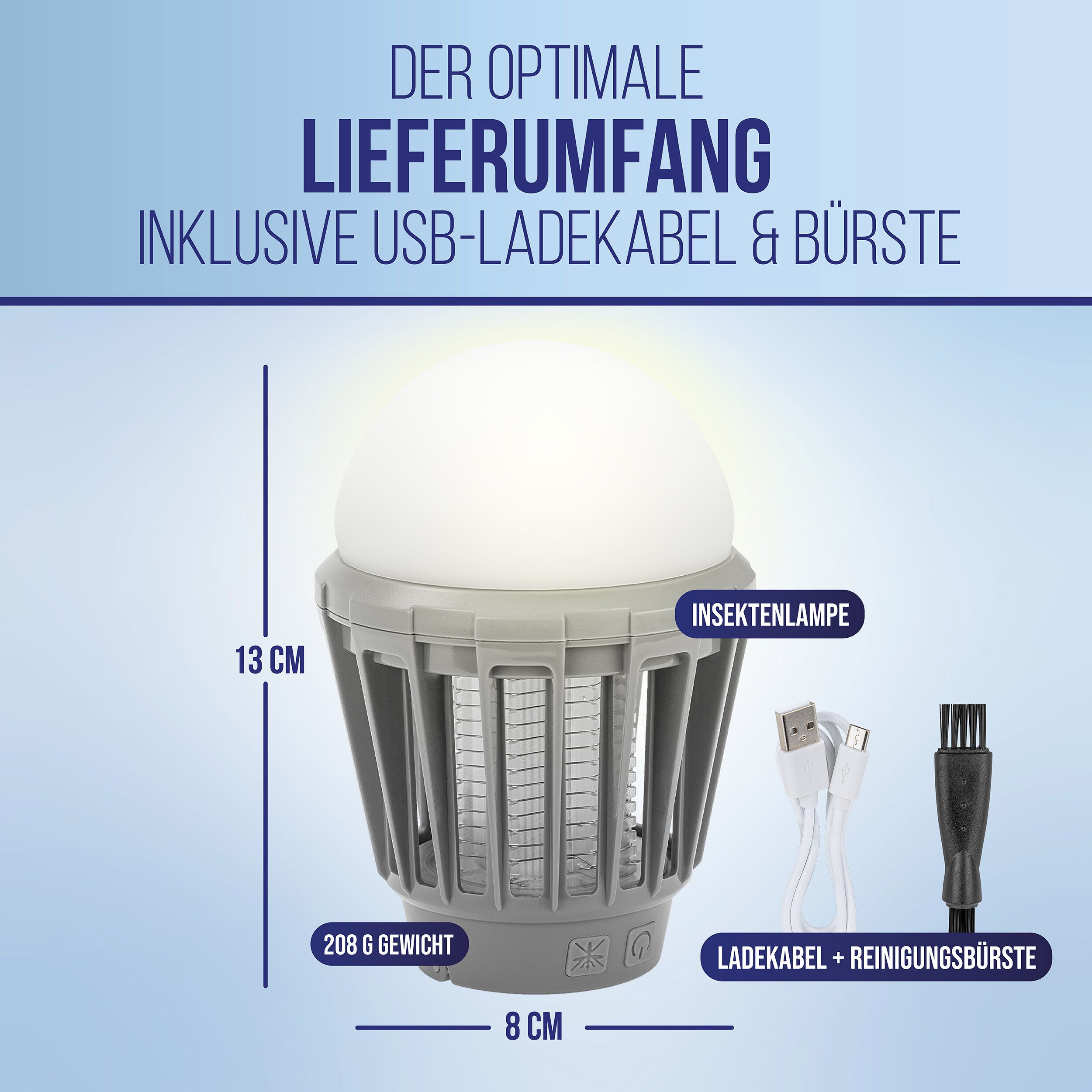 alca Insektenvernichter Elektrische Insektenlampe 3‑in‑1, 180 Lumen, IPX6, 2000 mAh Akku, USB