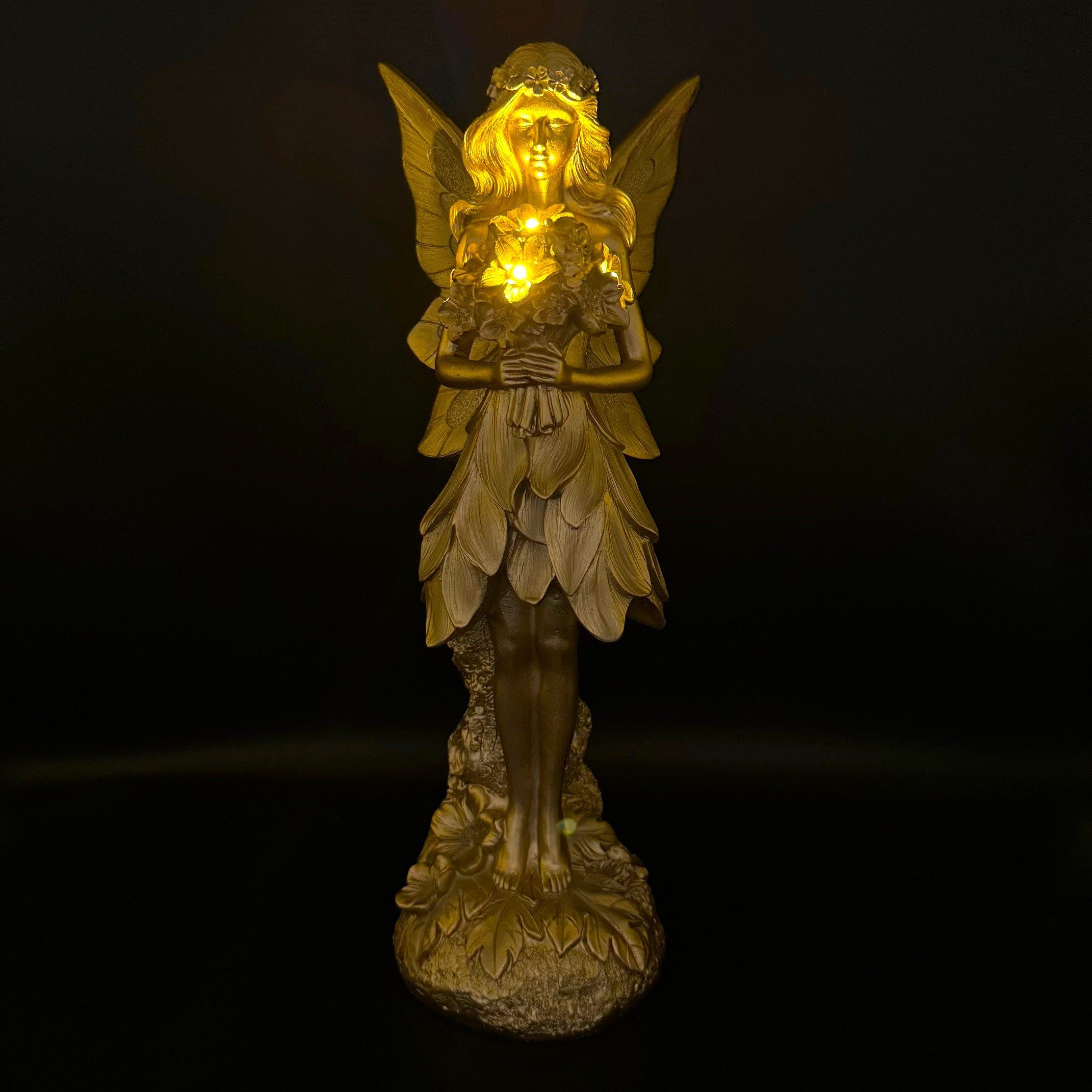 Online-Fuchs Gartenfigur - Goldene Elfe mit LED beleuchteten Blumen, Deko F günstig online kaufen