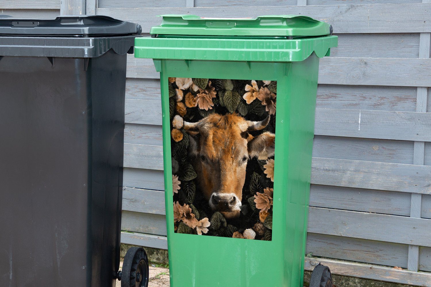 Container, - Mülltonne, Blumen Abfalbehälter MuchoWow - Sticker, St), Kuh (1 Tiere - Mülleimer-aufkleber, Wandsticker Horn
