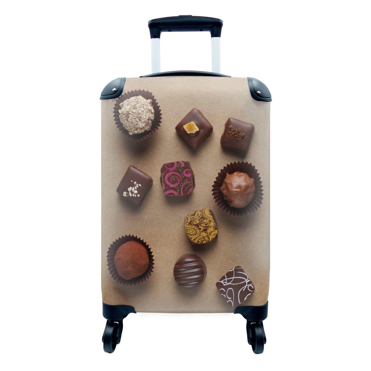 MuchoWow Handgepäckkoffer Bonbons auf braunem Hintergrund, 4 Rollen, Reisetasche mit rollen, Handgepäck für Ferien, Trolley, Reisekoffer