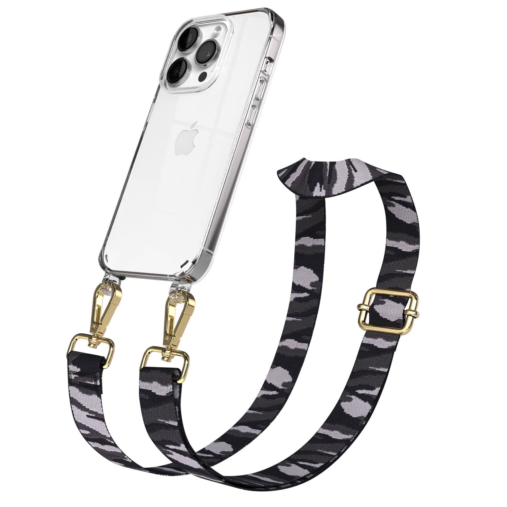 EAZY CASE Handykette Umhängeband für Apple iPhone 14 Pro 6,1 Zoll, Handykette Camouflage Hülle Crossbody Case zum Umhängen Grau