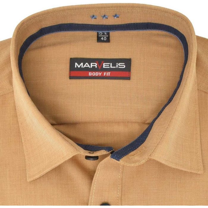 MARVELIS Businesshemd Businesshemd - Body Fit - Langarm - Einfarbig - Ocker mit Besatz &amp; Kontrastknöpfen JN12923