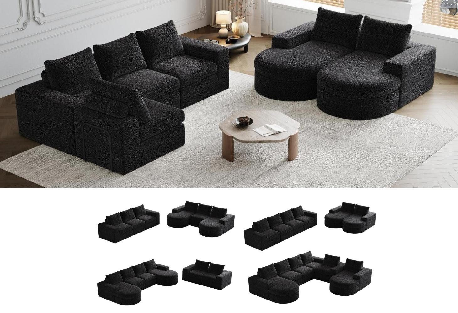 LVHOM Loungesofa Ecksofa, modulares Design, freie Kombination, doppelte Sitzkissen, 2 x Zweisitzer-Sofa mit geschwungener Chaiselongue, sechs Rückenkissen, verstärktes Eisengestell, rutschfestes Design, Premium-Schaumstofffüllung, kann als Gästebett,bis zu 680 kg, komprimierte Verpackung 2 Teile, komprimierte Verpackung; ideal für Homeoffice, Wohnzimmer