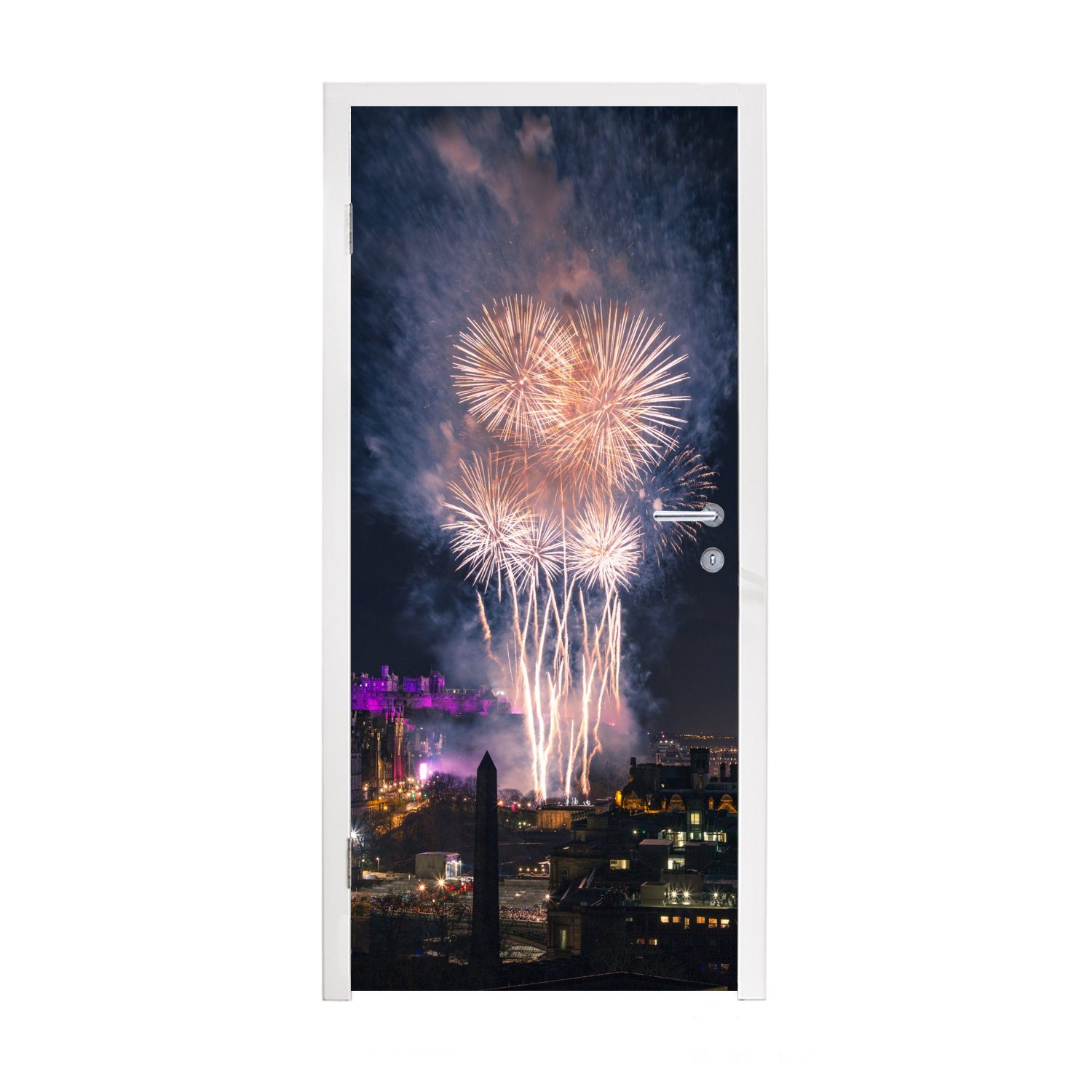 MuchoWow Türtapete Feuerwerk - Licht - Edinburgh, Matt, bedruckt, (1 St), Fototapete für Tür, Türaufkleber, 75x205 cm
