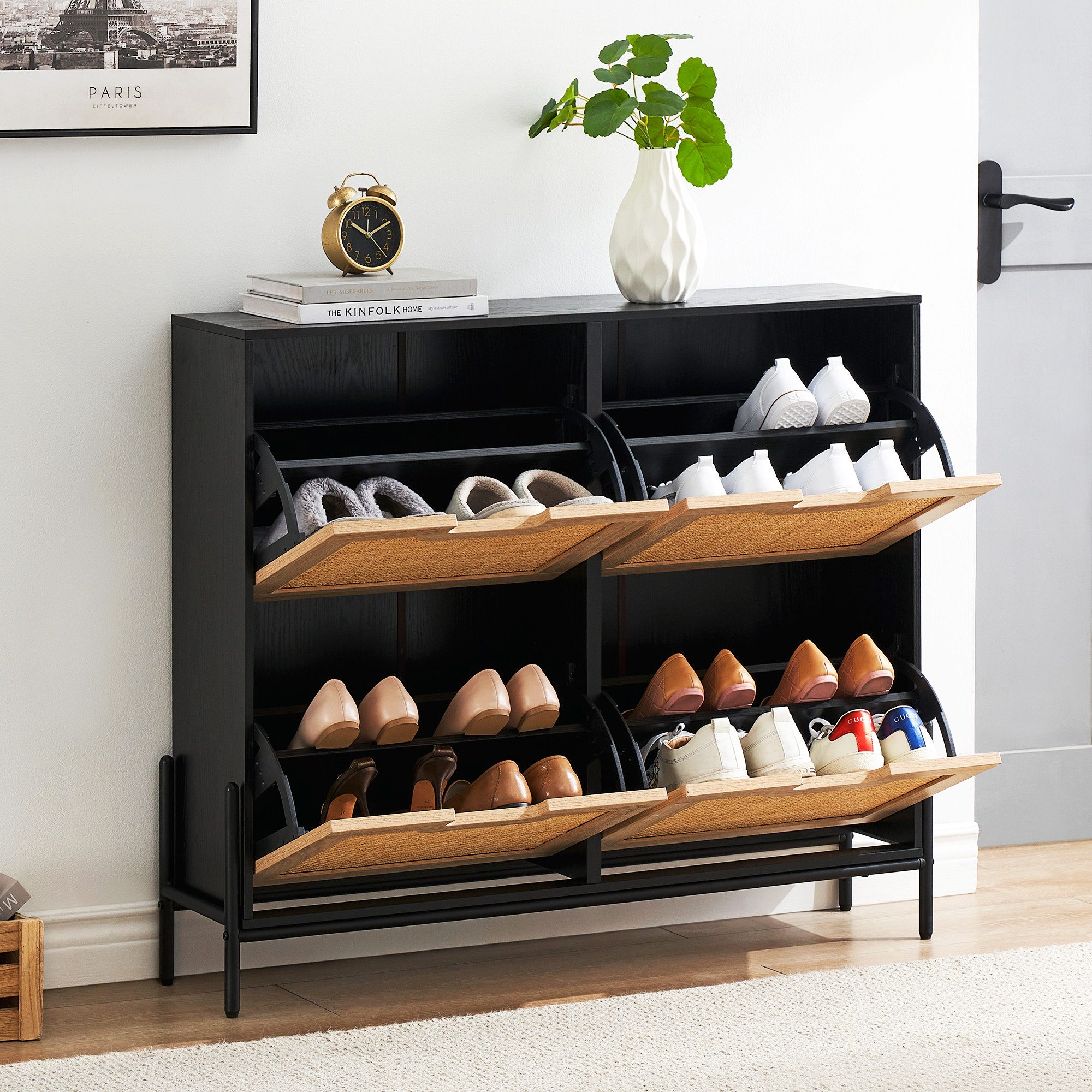 GarveeMore Schuhschrank Schuhkipper Schuhkommode mit 4 Klappen mit 8 Einstellbar Ablageflächen mit 4 Klappen Schuhschrank schmal Schuhregal mit 8 Ablageflächen