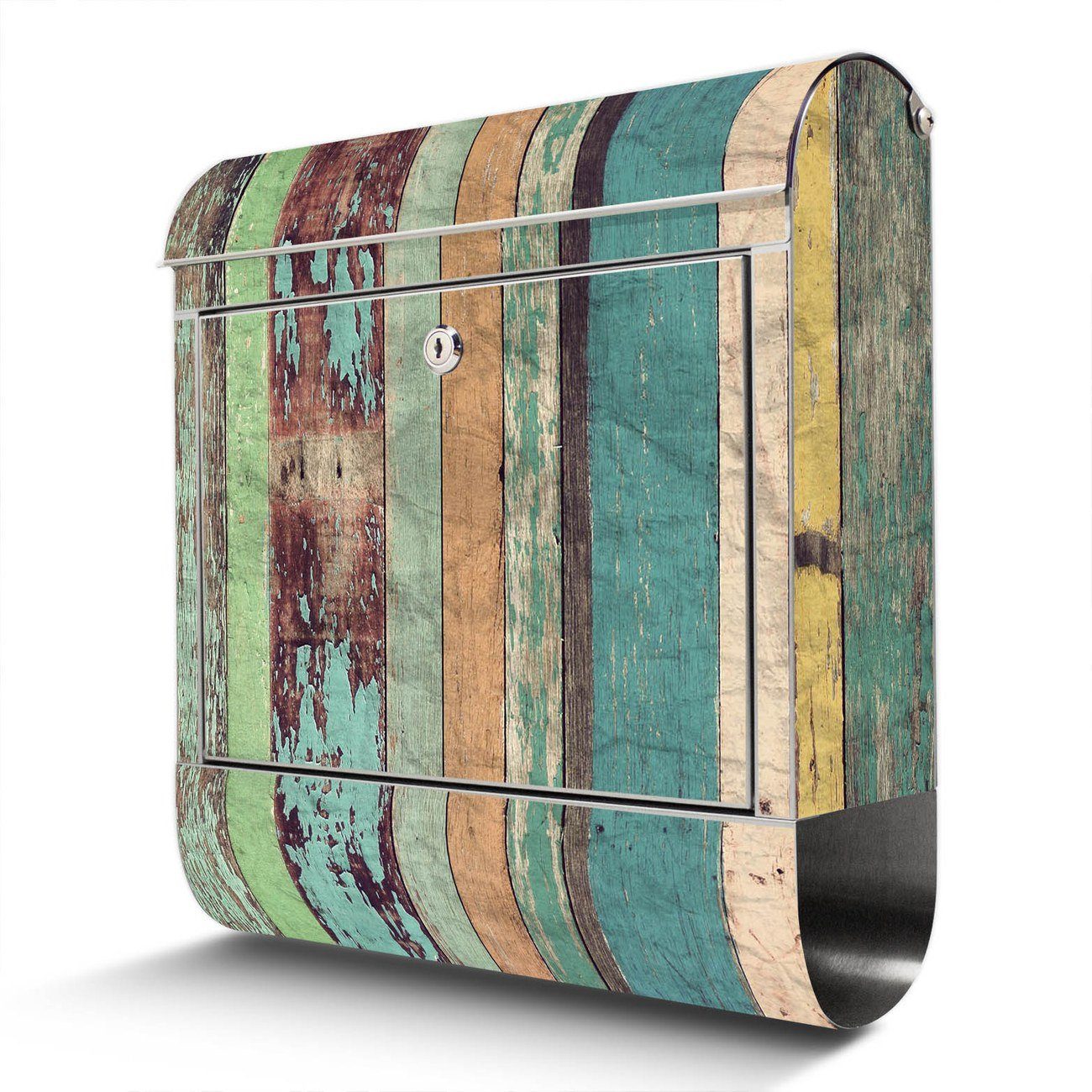 banjado Wandbriefkasten Edelstahl Bunte Bretterwand (Wandbriefkasten groß, mit Zeitungsfach), 38 x 42,5 x12cm