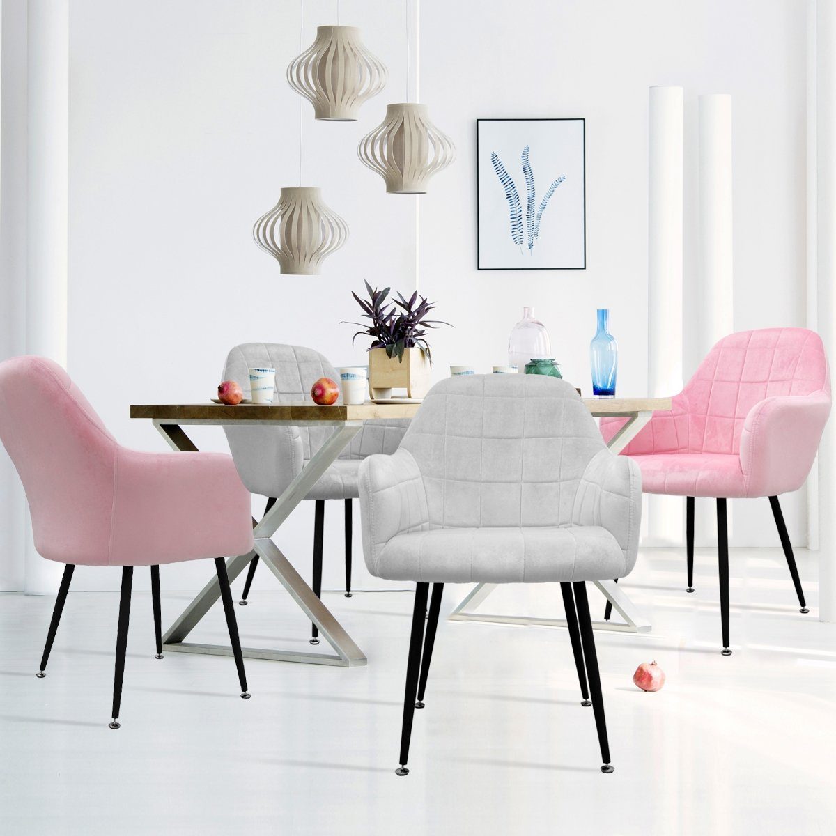 ML-DESIGN Stuhl Esszimmerstühle mit Rücken und Armlehnen aus Ergonomische Stühle (4 St), 4er Set Küchenstühle Pink&Grau 58x60x84cm aus Samt mit Metallbeine