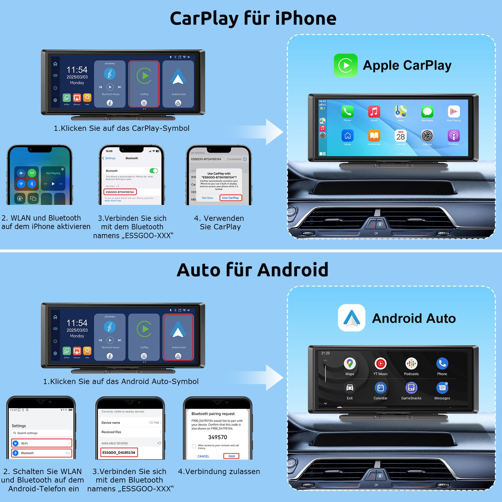 ESSGOO Tragbar Kabellos Apple Carplay Android Auto 8" Touchscreen Bluetooth Navigationsgerät (Autoradio Bluetooth Sprachsteuerung) – Bild 4 von 5