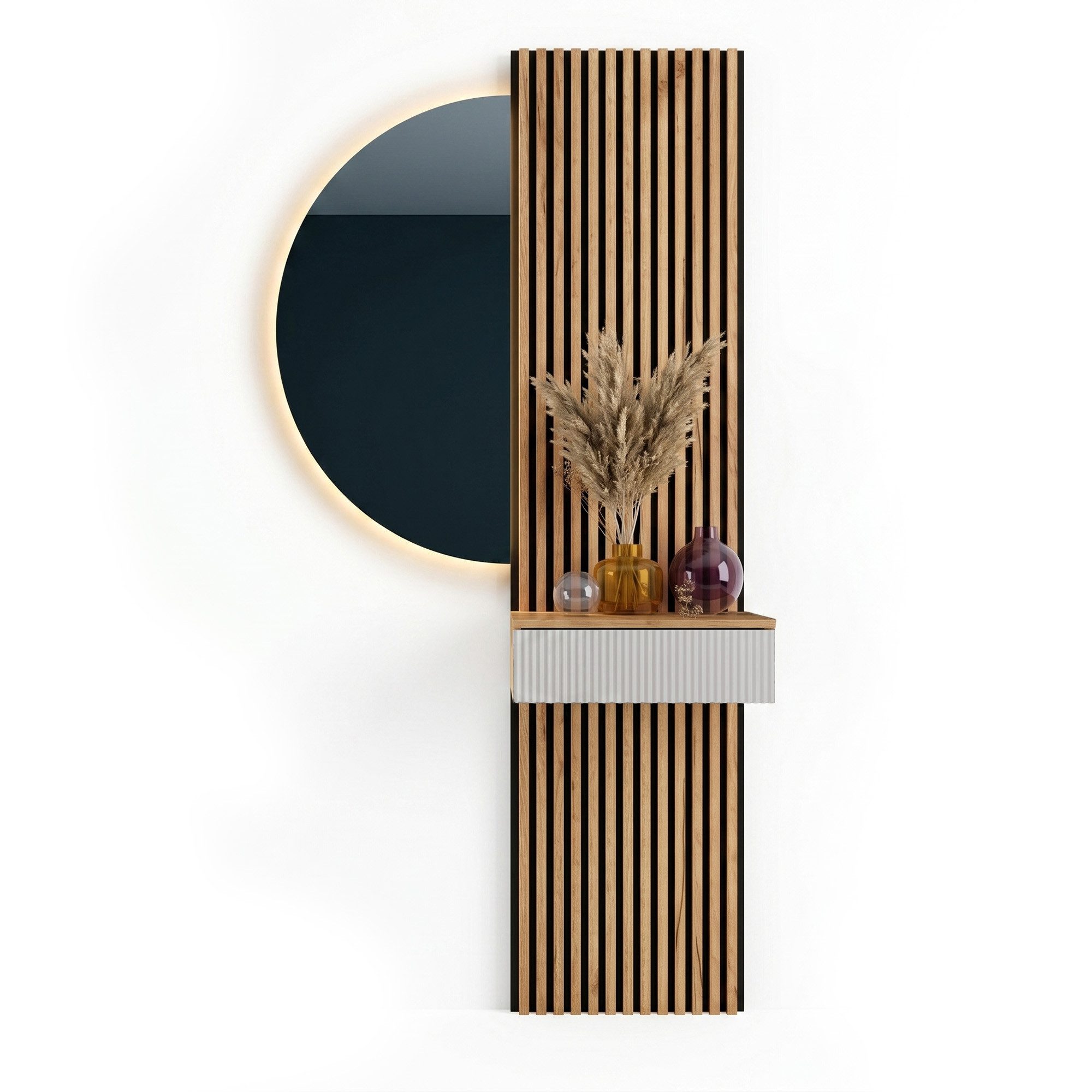 Planetmöbel Garderoben-Set AMYRA Flur Garderobe Spiegel mit Beleuchtung & Akustikpaneele, (LED Spiegel Nivora 50 x 100 cm, Touch-Funktion, Dimmbar, Konsolentisch 50 cm mit moderner Front weiß), Akustikpaneele 2 x 120cm mit MDF-Latten & 5mm Filzplatte