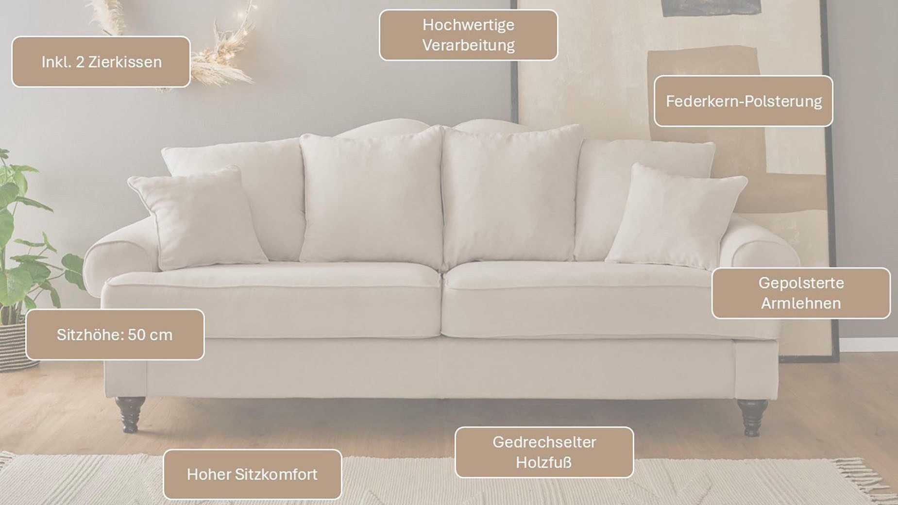 OTTO home 3,5-Sitzer Westminster, Sofa im Landhausstil, Couch mit Zierkissen, Federkern-Polsterung, gedrechselter Fuß, hochwertiger Microfaserbezug