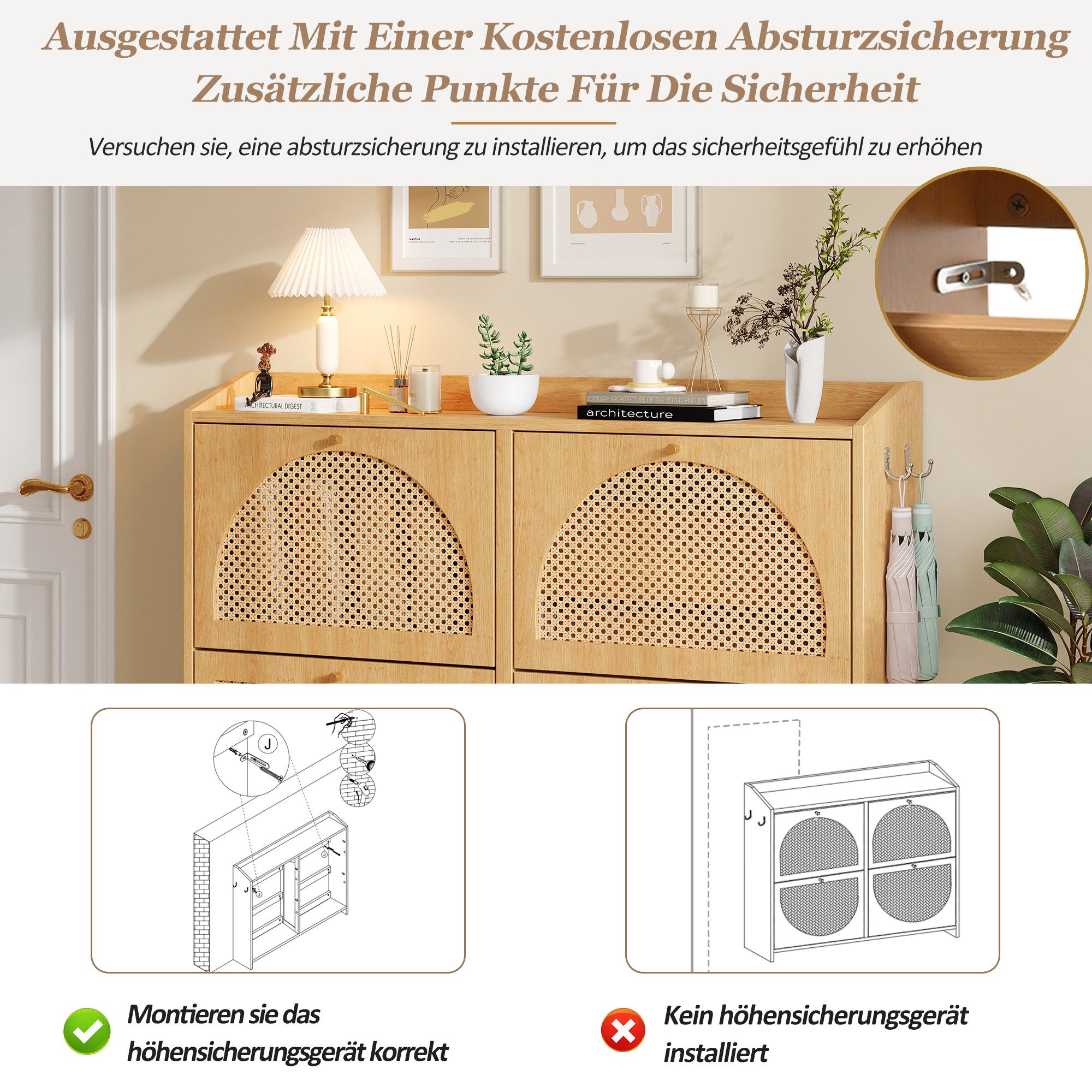 Merax Schuhschrank mit Rattan-Türen, Schuhkommode in Natur (1-St., Flur- und Eingangsbereich) Schuhregal mit 4 Klapptüren, 8 Fächern, 2 Haken & Stauraum,120x24x90cm