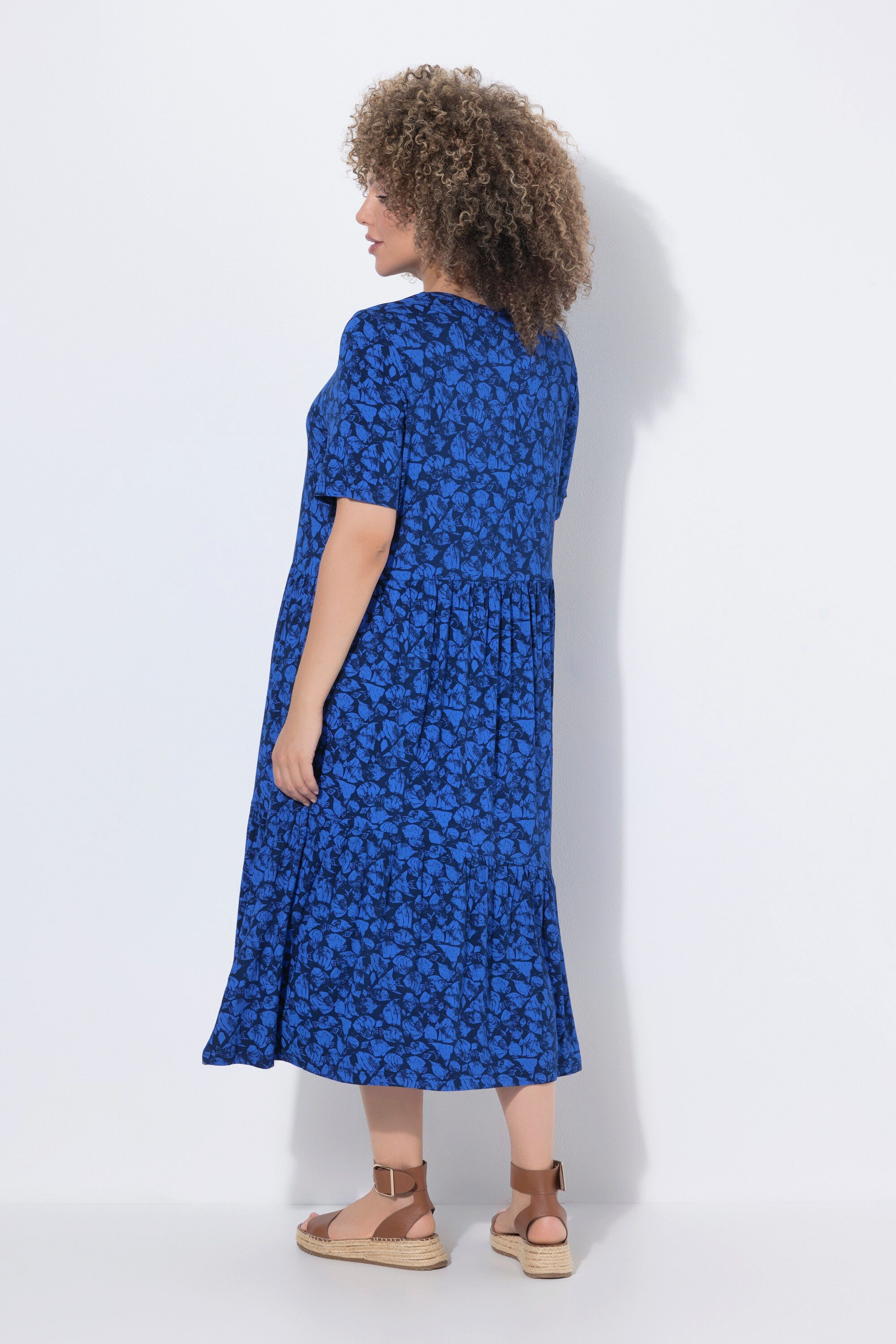Ulla Popken Midikleid Jerseykleid Volants A-Linie V-Ausschnitt Halbarm