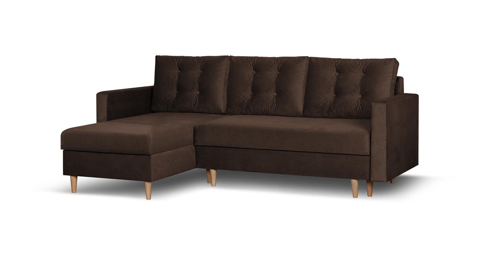 Beautysofa Ecksofa Sigurd, 226 cm Ecke für Wohnzimmer, im skandinavischen Stil, Polsterecke mit Schlaffunktion und Bettkasten Braun (kronos 06) | Ecksofas