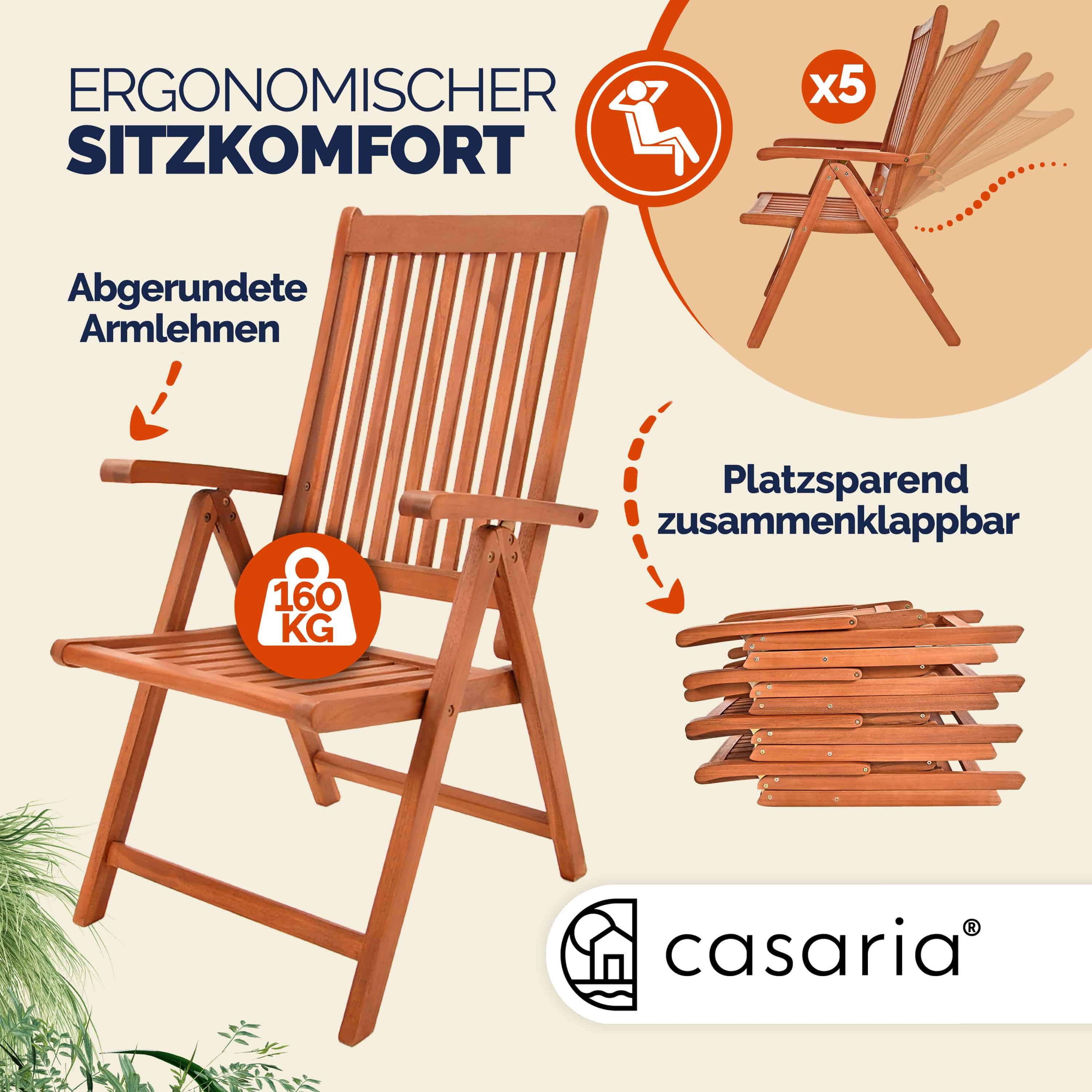 Casaria Gartenstuhl Vanamo (2 St), Gartenstuhl FSC®-zertifiziert Eukalyptus Rückenlehne 5-fach Garten