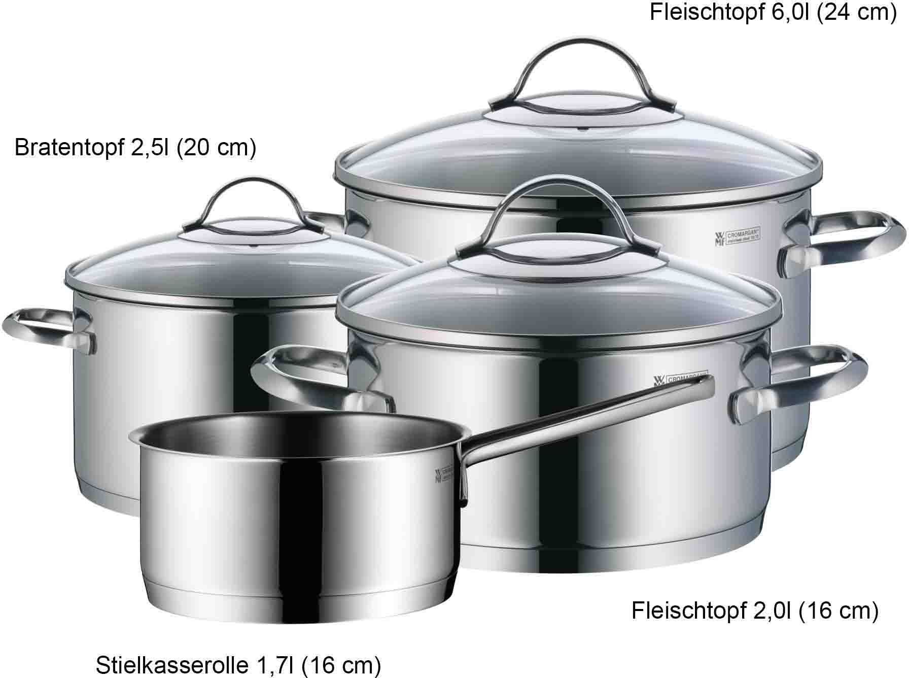 WMF Topf-Set Provence Plus 4-teilig, Induktions Töpfe Set mit Glasdeckel, Cromargan® Edelstahl Rostfrei 18/10 (Set, 7-tlg., Bratentopf Ø 20 cm, Fleischtopf Ø 16/24 cm, Stielkasserolle Ø 16 cm), unbeschichtet, für alle Herdarten geeignet, ohne Innenskalierung
