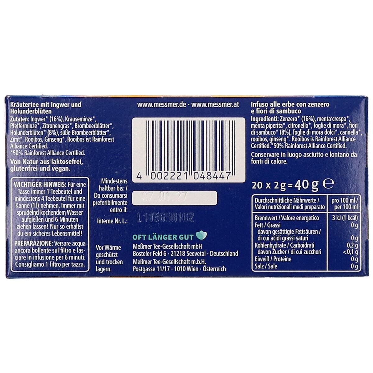 Meßmer Tee Energie, Kräutertee mit Ingwer und Holunderblüten