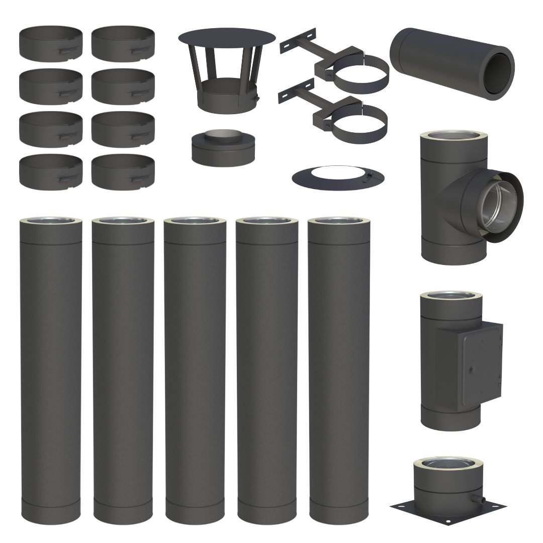 Jeremias Schornstein 5, 7 m Schornstein Ø150mm Komplettset DW DW-Black Bodenmontage, Ø 150 mm