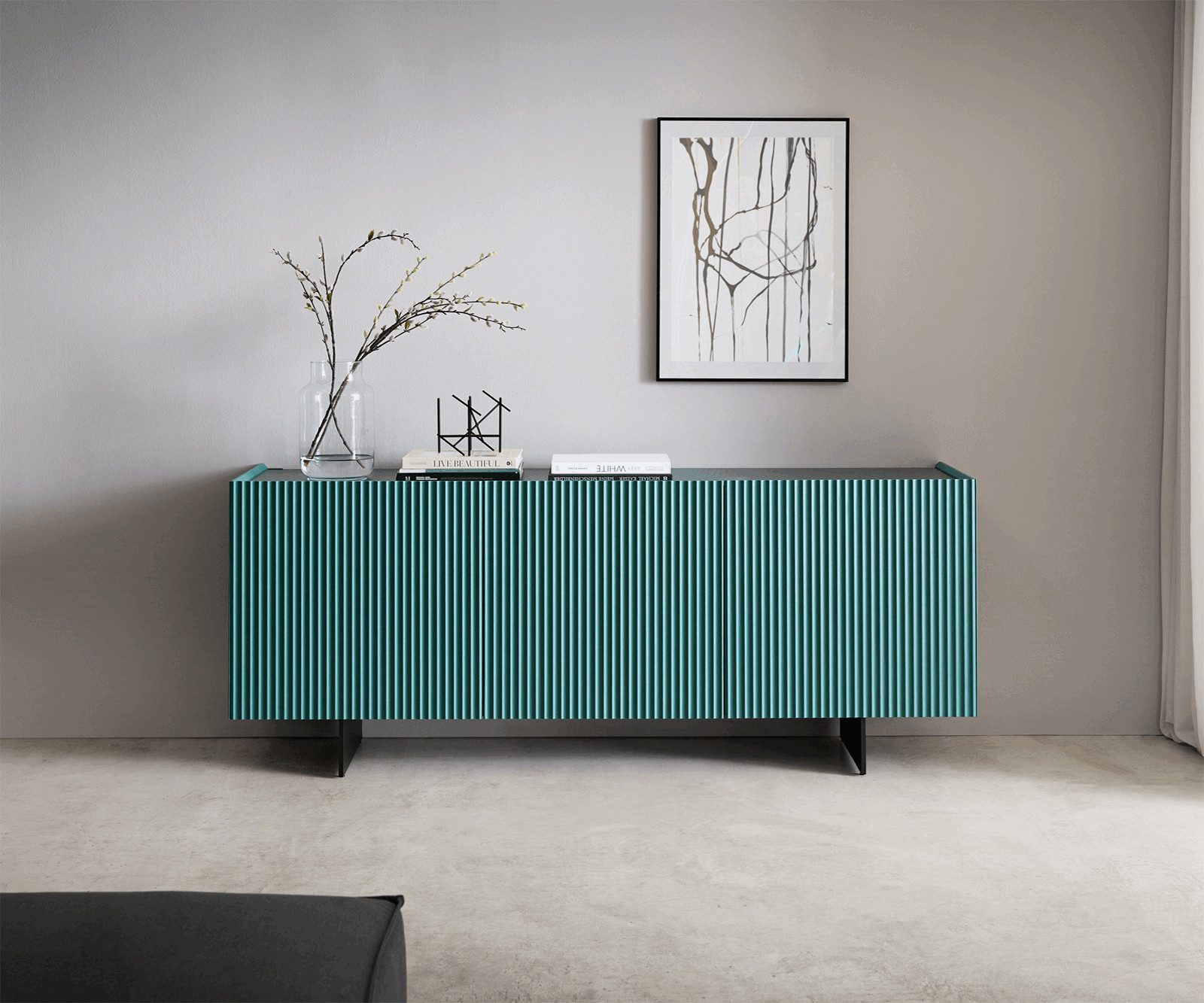 DELIFE Sideboard Kelani, 180 cm Petrol 3 Türen Fuß schwebend Metall Schwarz