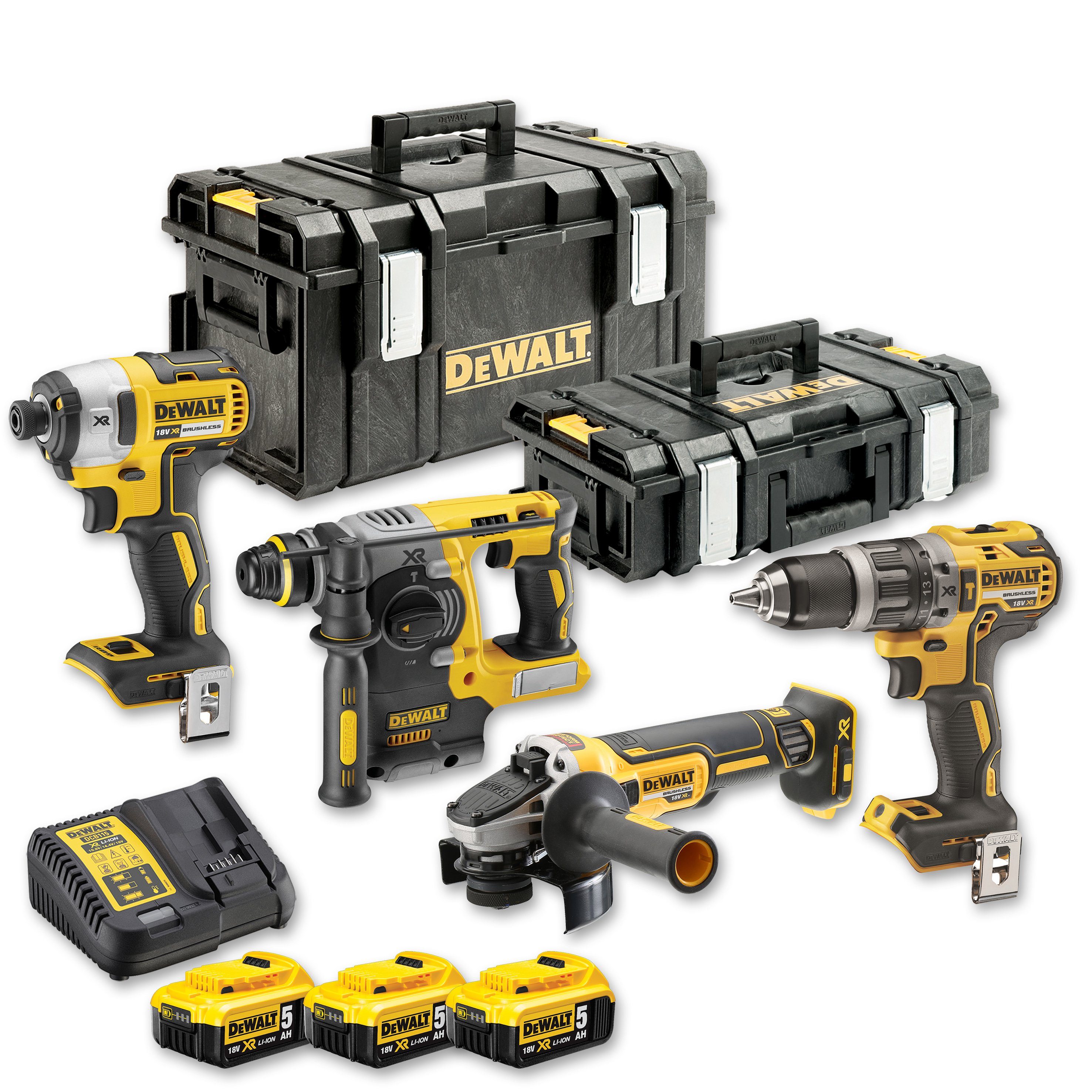 DeWalt Werkzeugset DCK422P3-QW Akku-Kombopack mit DCD 796 (Schlagbohrschrauber), (DCH 273 (Kombihammer), DCF 887 (Schlagschr), DCG 405 (Winkelschl), 3x Akkus, System-Schnellladegerät, Tough-Box DS 300, Tough-Box DS 150 | Werkzeug-Sets