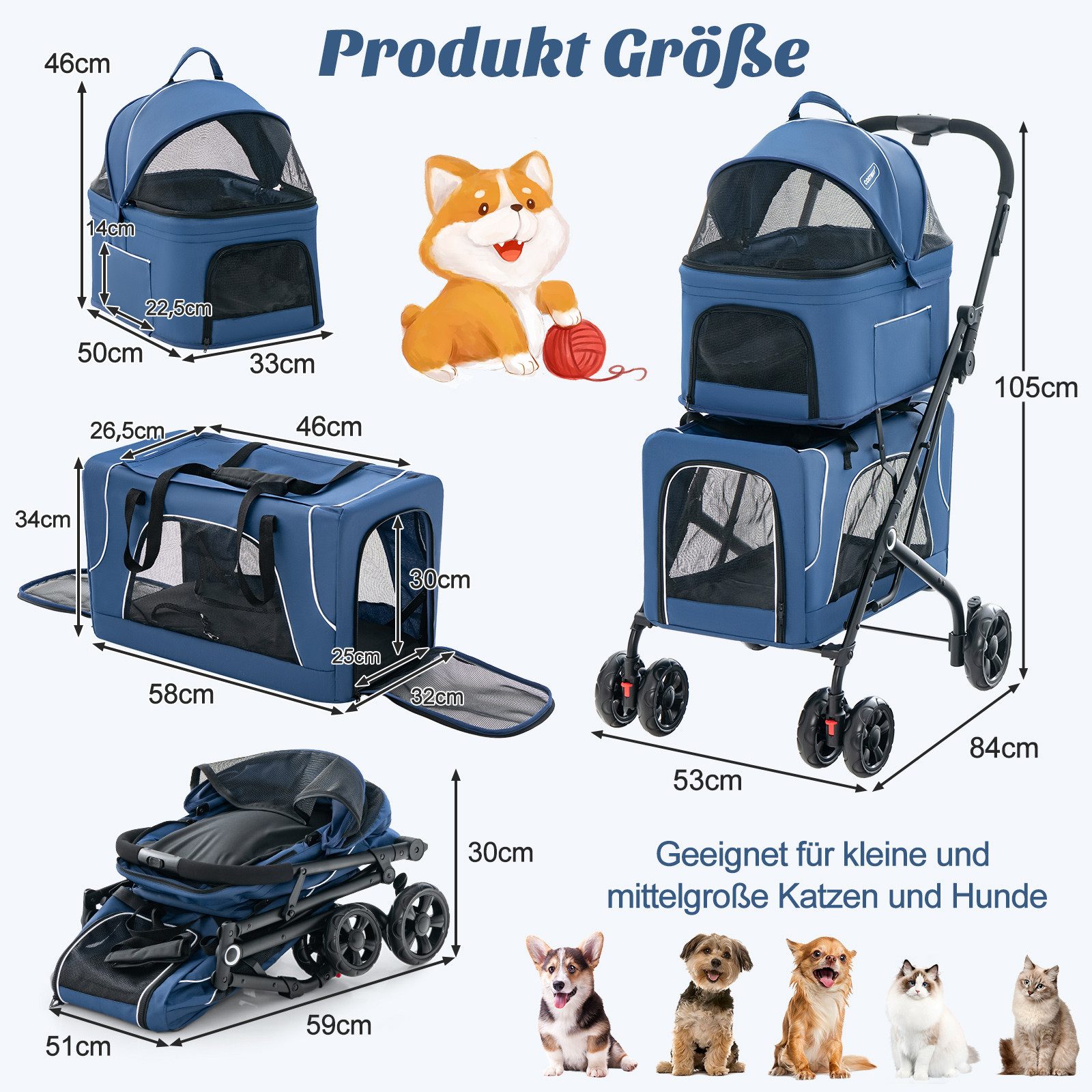 COSTWAY Hundebuggy, 3 in 1 Hundewagen bis 15kg, klappbar