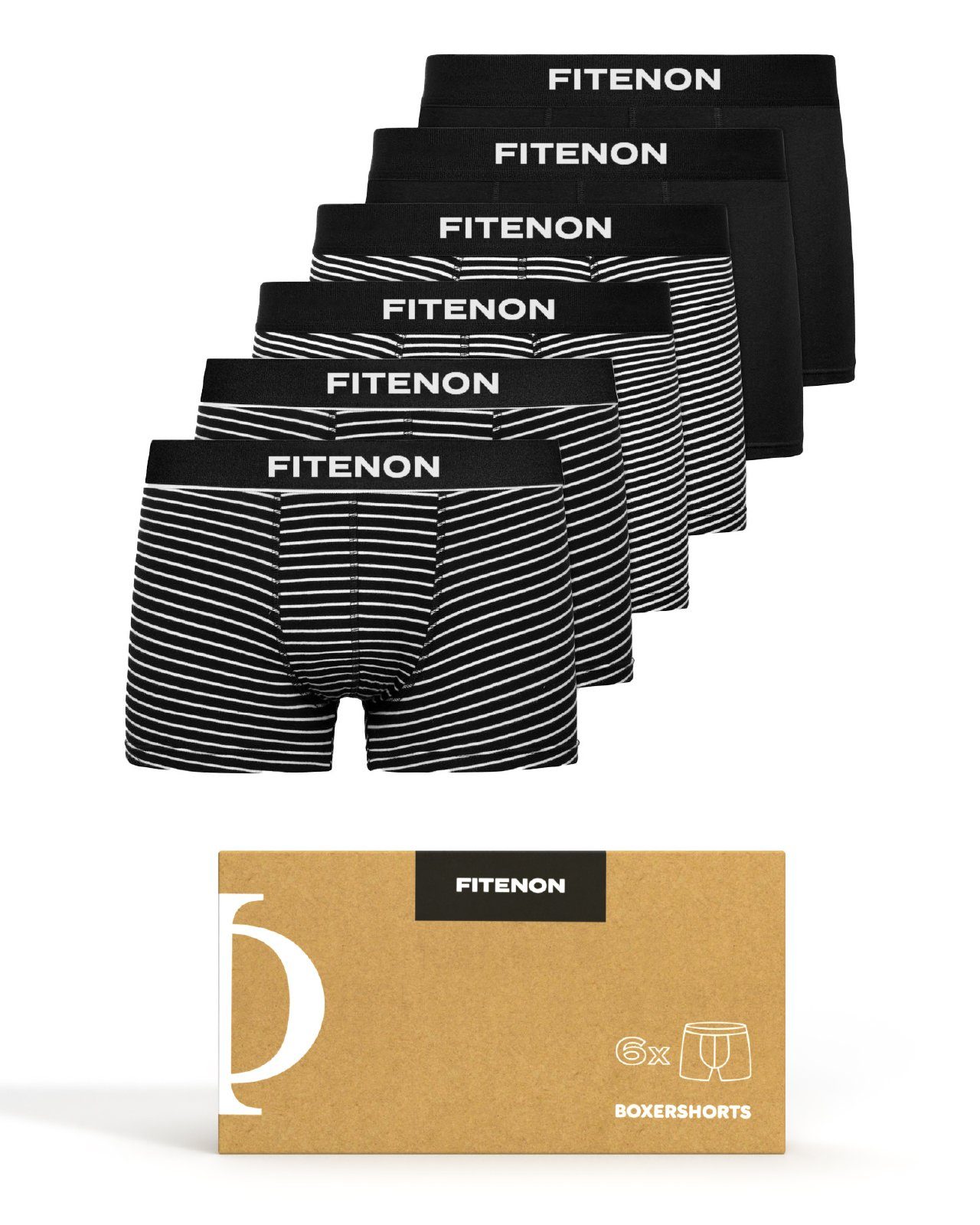 FITENON Boxershorts Herren Unterhosen, Unterwäsche, ohne kratzenden Zettel, Baumwolle (6 er Set) mit Logo-Elastikbund 4x Schwarz gestreift 2x Schwarz