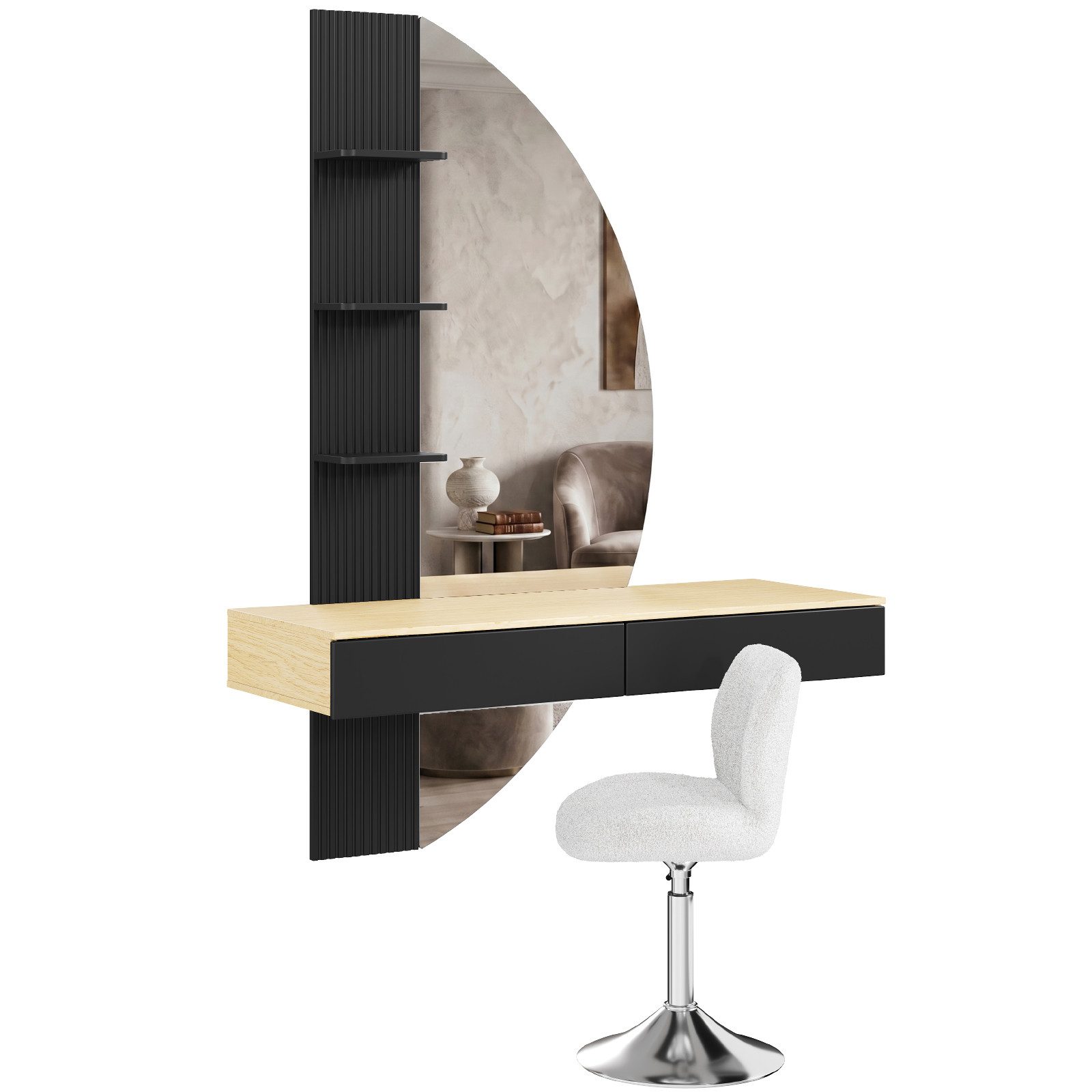 HOMALL Schminktisch Hängender Schminktisch mit LED-Beleuchtung (Maße: 106 × 40 × 143 cm, mit 3 offenen Ablagefächern, 2 Schubladen und drei einstellbaren Farbte – Bild 2 von 5