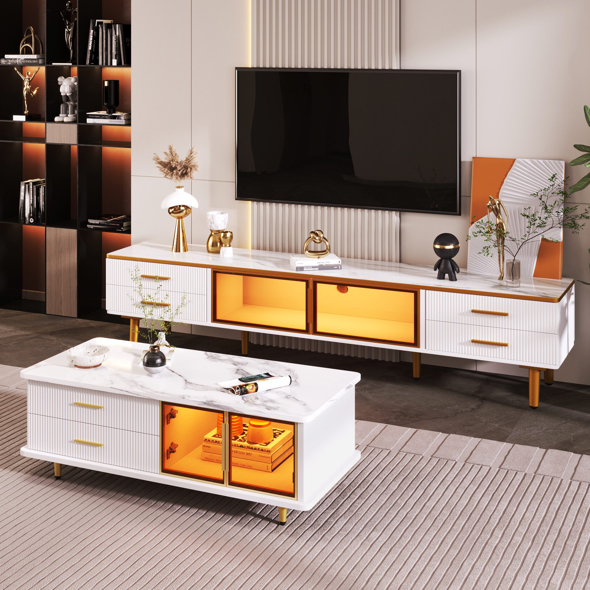 Odikalo Wohnzimmer-Set TV-Schrank Couchtisch modulare Tür gehärtetem Glas W günstig online kaufen