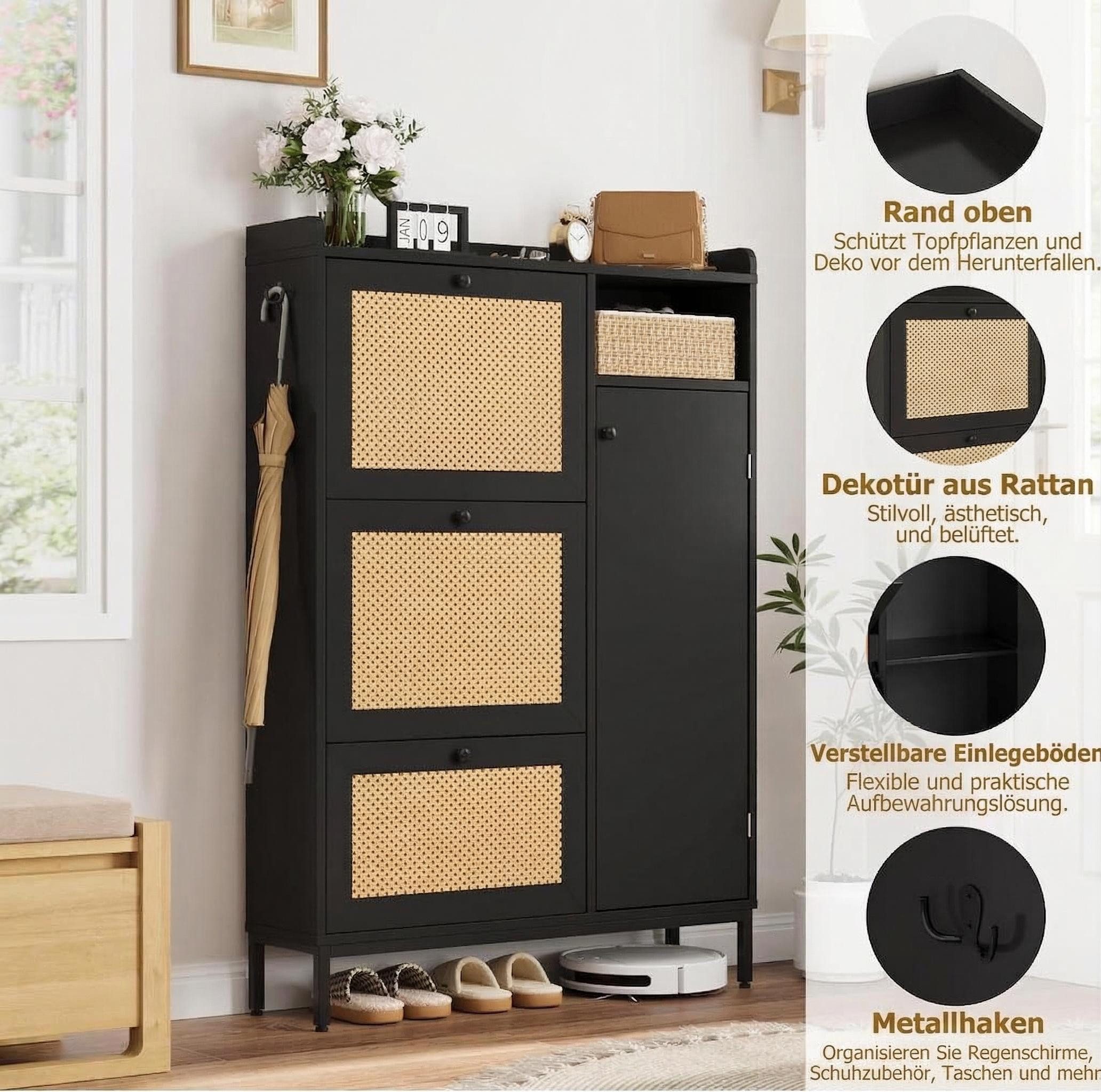 GarveeMore Schuhschrank aus Rattan mit 3 Klappschubladen und 4-stufiger Schuhschrank Schuhschrank mit verstellbaren Regalen für Eingang,Flur,Wohnzimmer – Bild 3 von 5