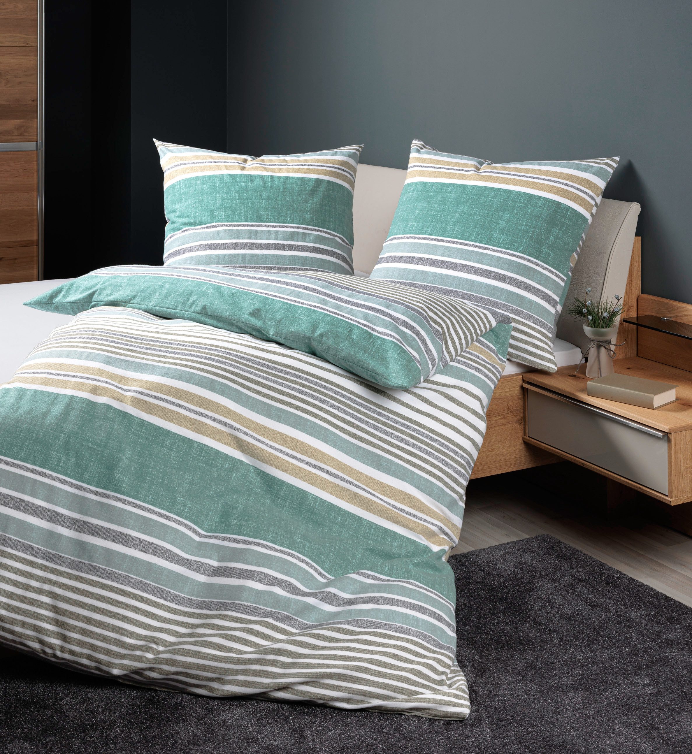 Janine Bettwäsche Edel Baumwolle, Flanell, 2 teilig, gestreift, grün, weiß, günstig online kaufen