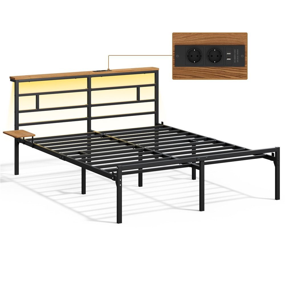 Yaheetech Bettgestell mit LED-Beleuchtung & Ladestation & Seitlicher Ablage, Doppelbett 160 × 200 cm Metallbett mit Stauraum unter dem Bett
