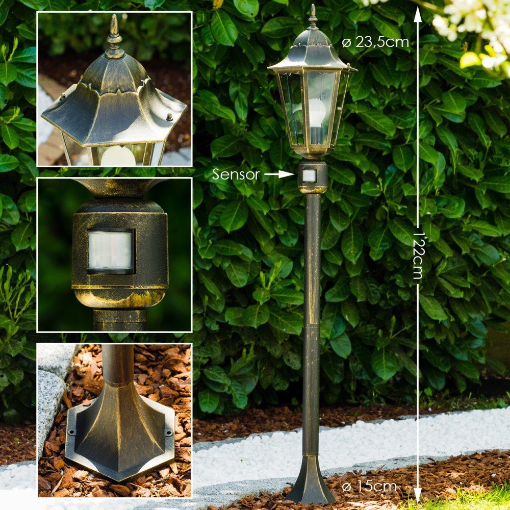 E27, Leuchtmittel, Außenleuchte, ohne hofstein »Riano« Milchglas-Scheiben, IP44, Aluguss Schwarz/Gold Bewegungsmelder Außen-Stehlampe Gartenlampe, in m.