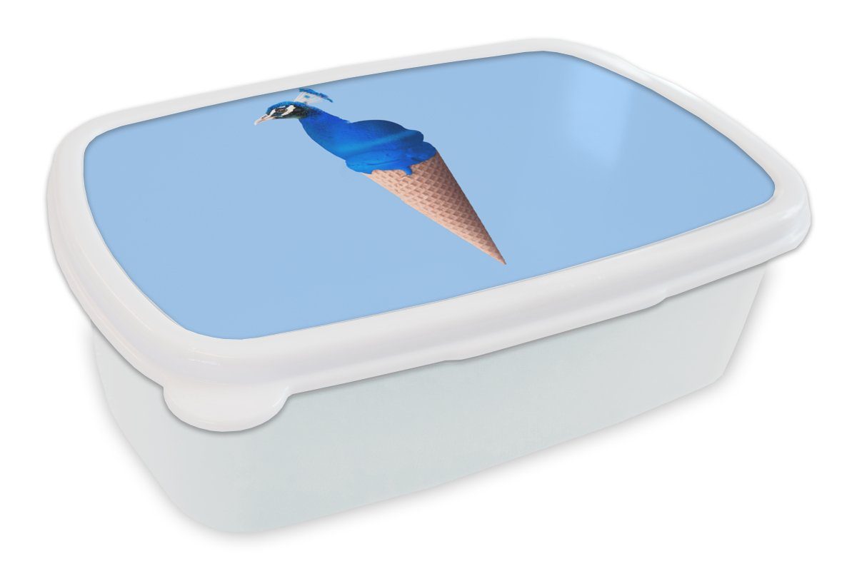 MuchoWow Lunchbox Pfau - Eistüte - Eiscreme - Blau - Vogel, Kunststoff, (2-tlg), Brotbox für Kinder und Erwachsene, Brotdose, für Jungs und Mädchen weiß