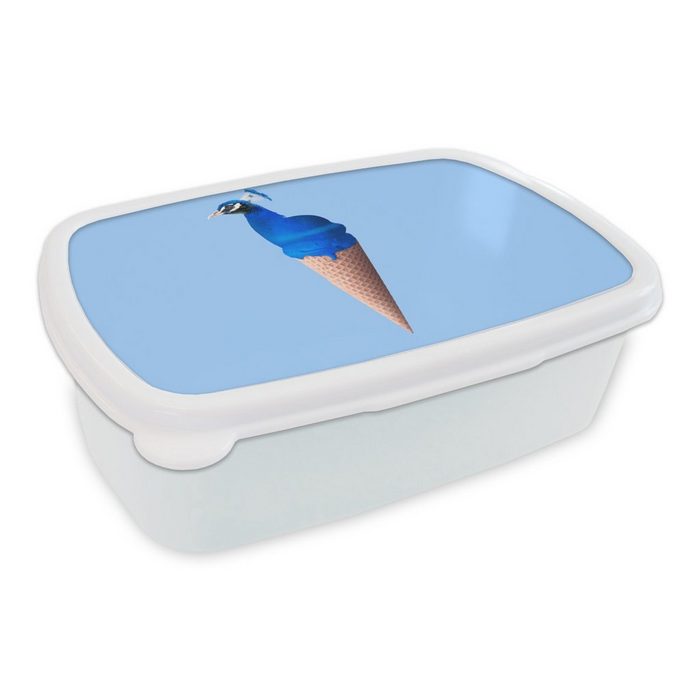 MuchoWow Lunchbox Pfau - Eistüten - Eiscreme - Blau - Vogel Kunststoff (2-tlg) Brotbox für Kinder und Erwachsene Brotdose für Jungs und Mädchen