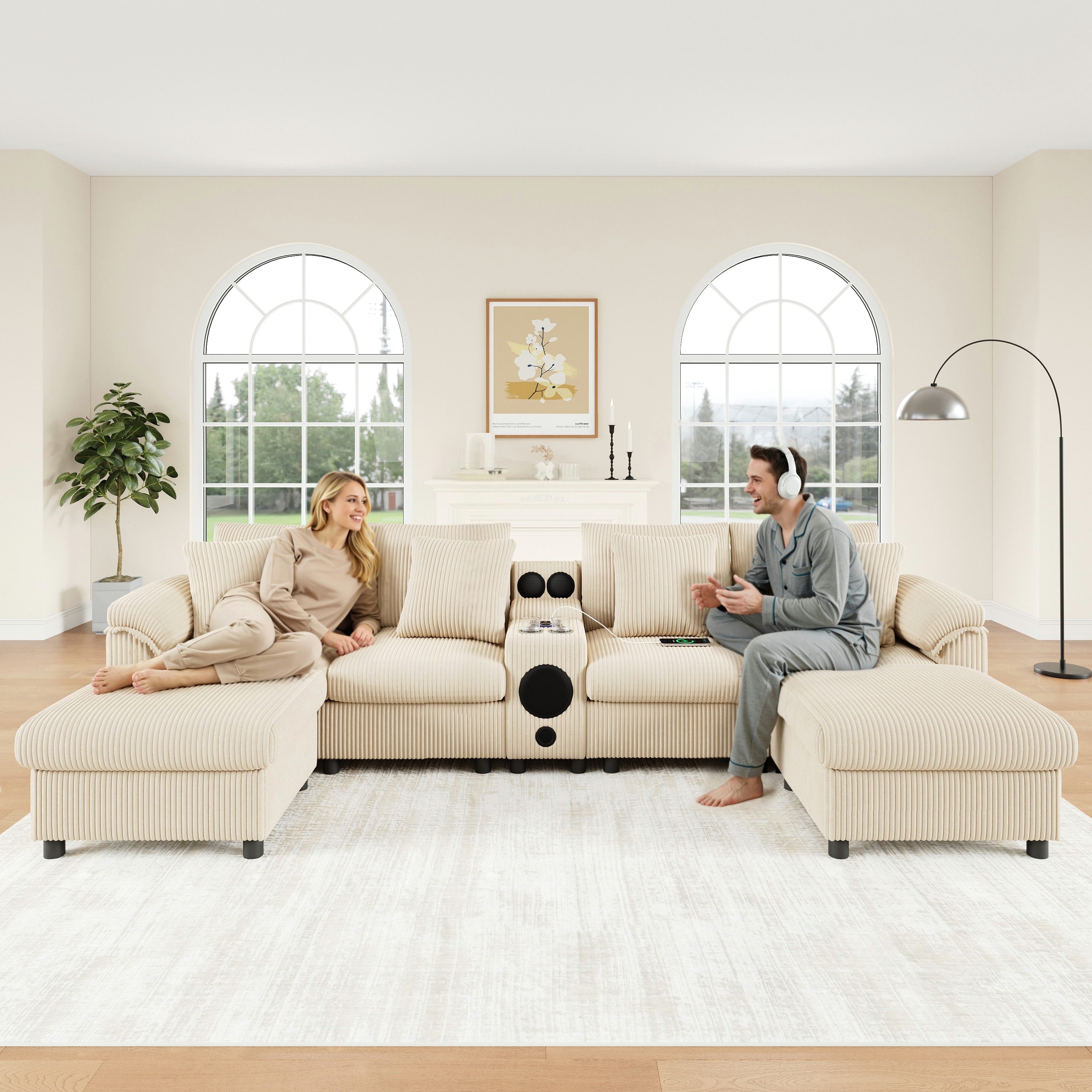 i@home 4-Sitzer U- und L-förmiges Sofa, mit Bluetooth-Lautsprecher,kabellosem Laden, USB, Getränkehaltern