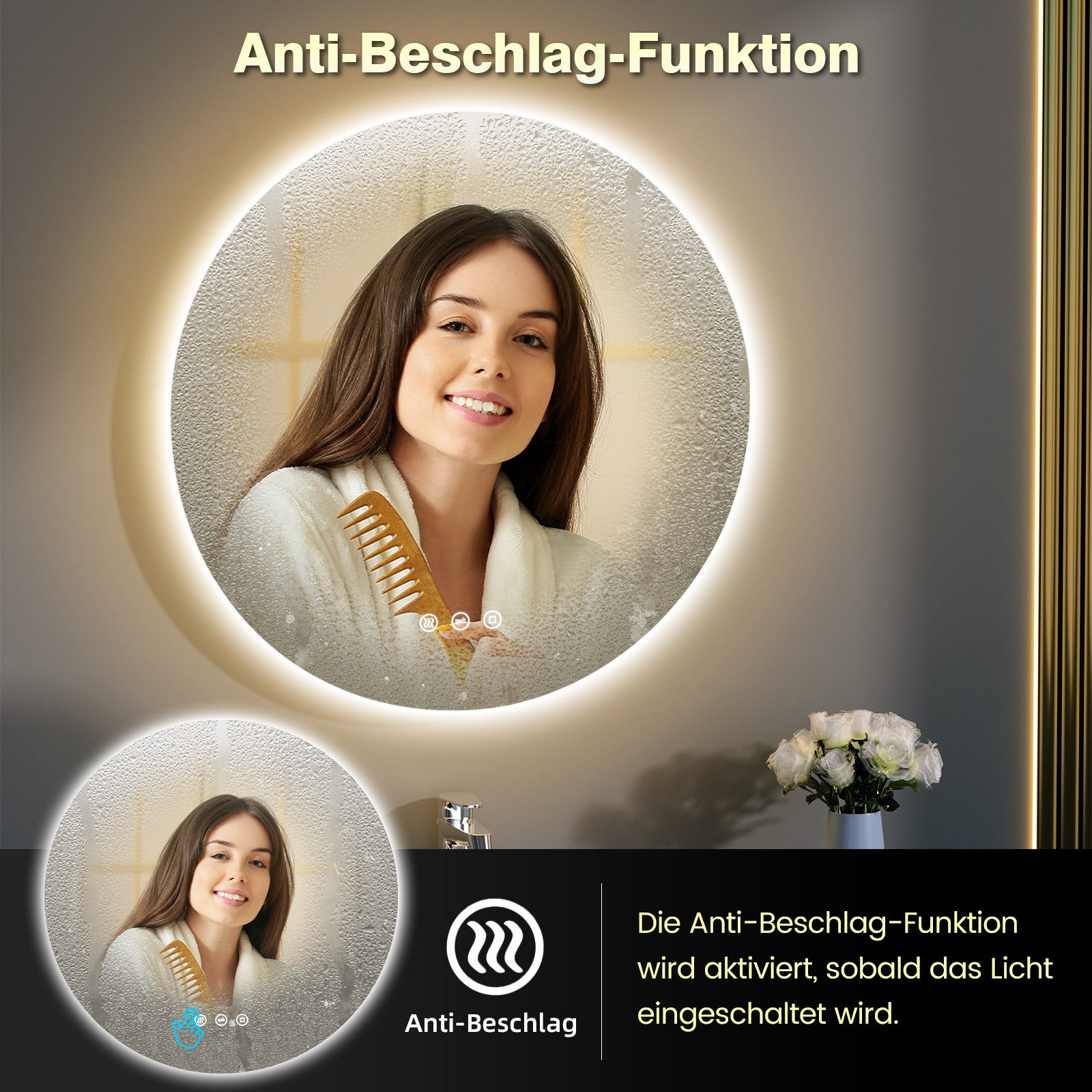 GIMBELEN Badspiegel LED-Badezimmer-Spiegel, 60 cm LED Badspiegel, 3 Farben, dimmbar, Touch, Anti-Beschlag, Memory – Bild 3 von 5