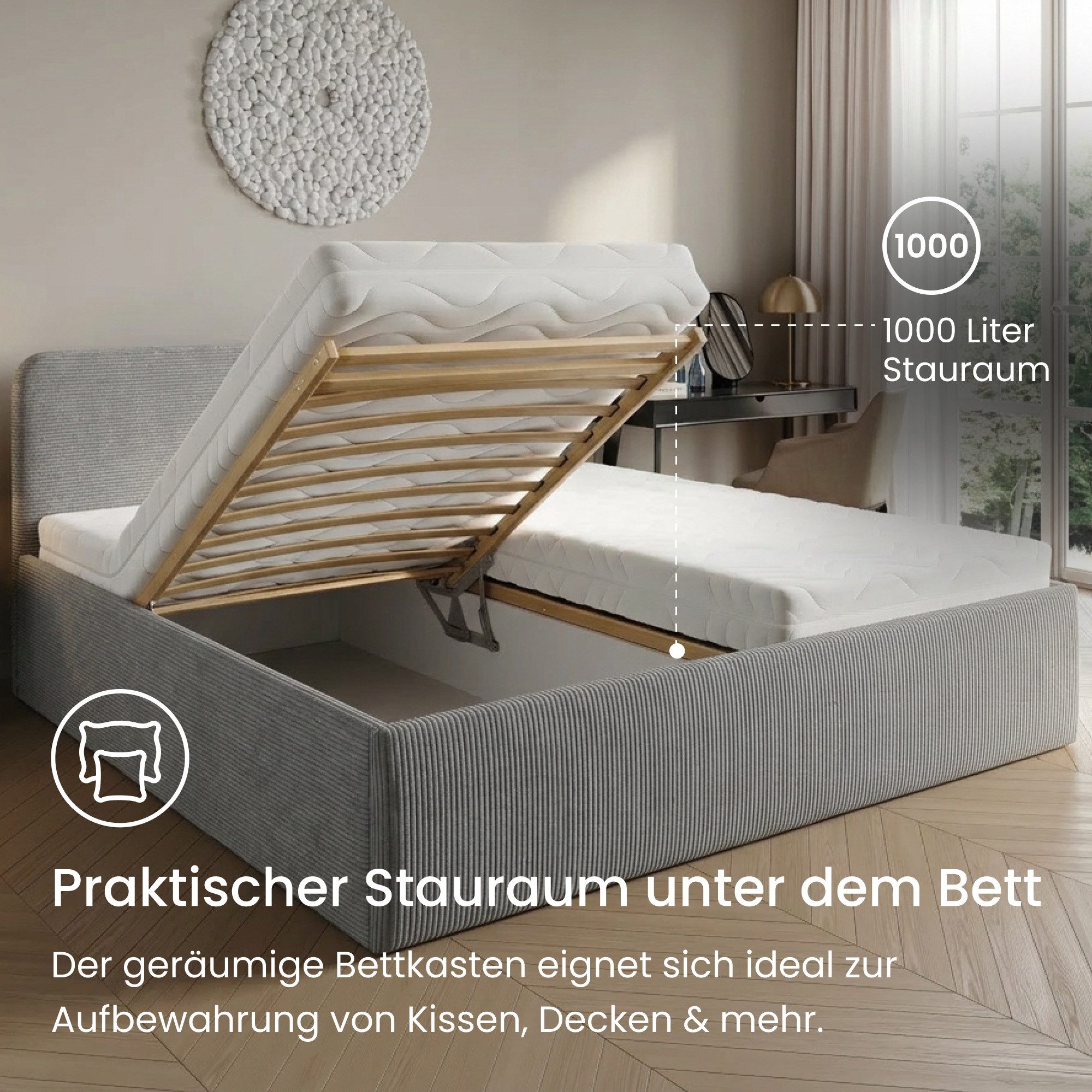 Home Collective Polsterbett Bett mit Stauraum, verstellbarem Lattenrost, viele Größen (Größen: 100x200 120x200 140x200 160x200 180x200 200x200, hochwertiger Kor – Bild 4 von 5