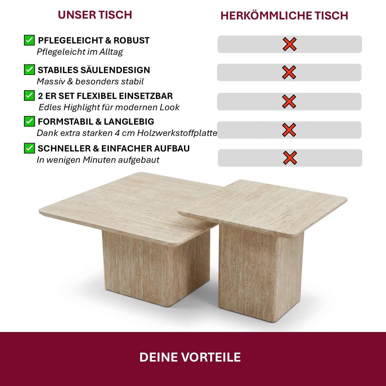 HOOZ Couchtisch Wohnzimmertisch rund 2er Set quadratisch Traventin-Optik Sand 80&60cm (Set), Sofatisch mit geometrischem Gestell – stabil & pflegeleicht