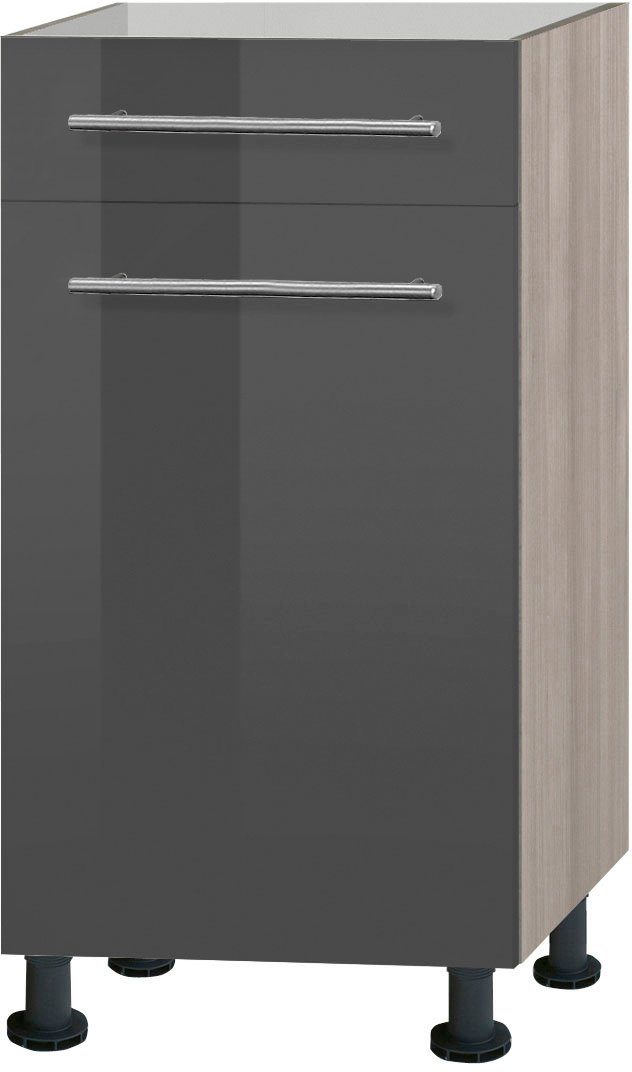OPTIFIT Unterschrank Bern 40 cm breit, mit Tür und Schubkasten, mit höhenverstellbaren Füßen grau Hochglanz/akaziefarben | akaziefarben