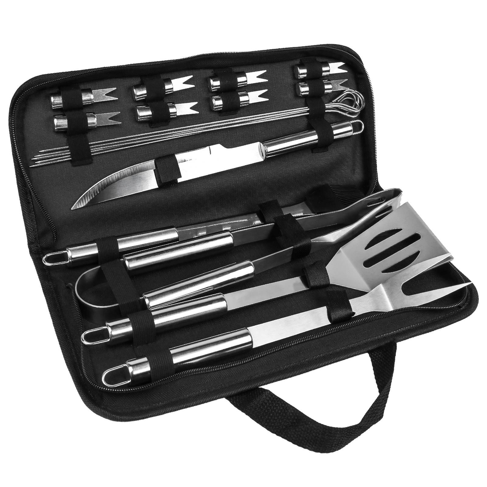 VERCO Grillbesteck-Set BBQ Besteck für Grillfeier inkl. Tragetasche, (19 tlg), Geschenk Set Grill Zange Fleisch Gabel Steak Messer in Edelstahl