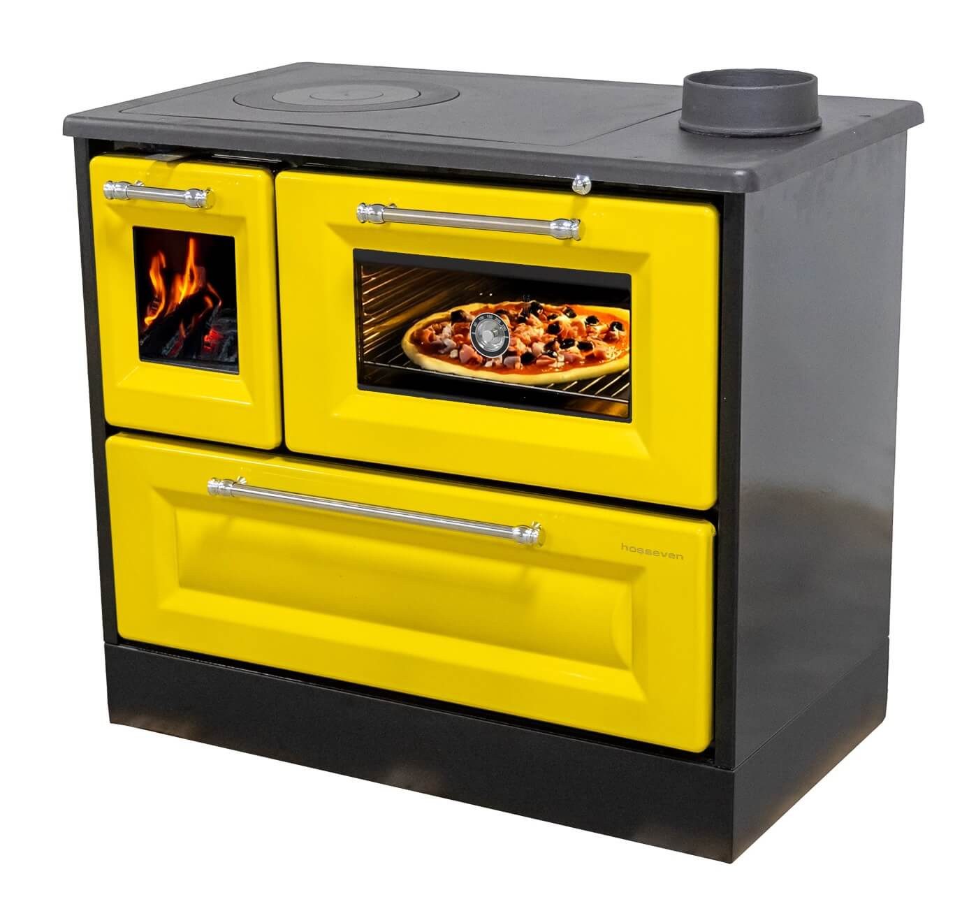 Hosseven Kaminofen mit Backfach und Herdplatte 4012 Gelb Holzofen 8 kW Holz Ofen, 7.7 kW, Dauerbrand, Ofen Mehrfachbelegung Kamin Heizofen Küchenherd