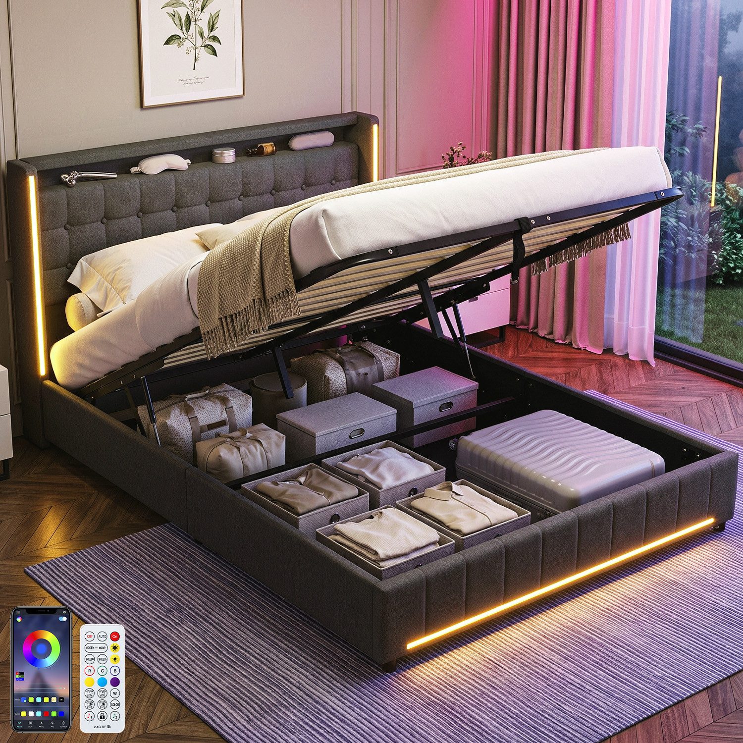 oyajia Polsterbett Stauraumbett mit LED Licht 140x200cm,Hydraulisch anhebbarer Doppelbett (Mit Lattenrost, Leinenmaterial Polsterbettt, RGB Beleuchtung), Modernes Jugendbett, Leises Design, Einfach zu montieren und stabil