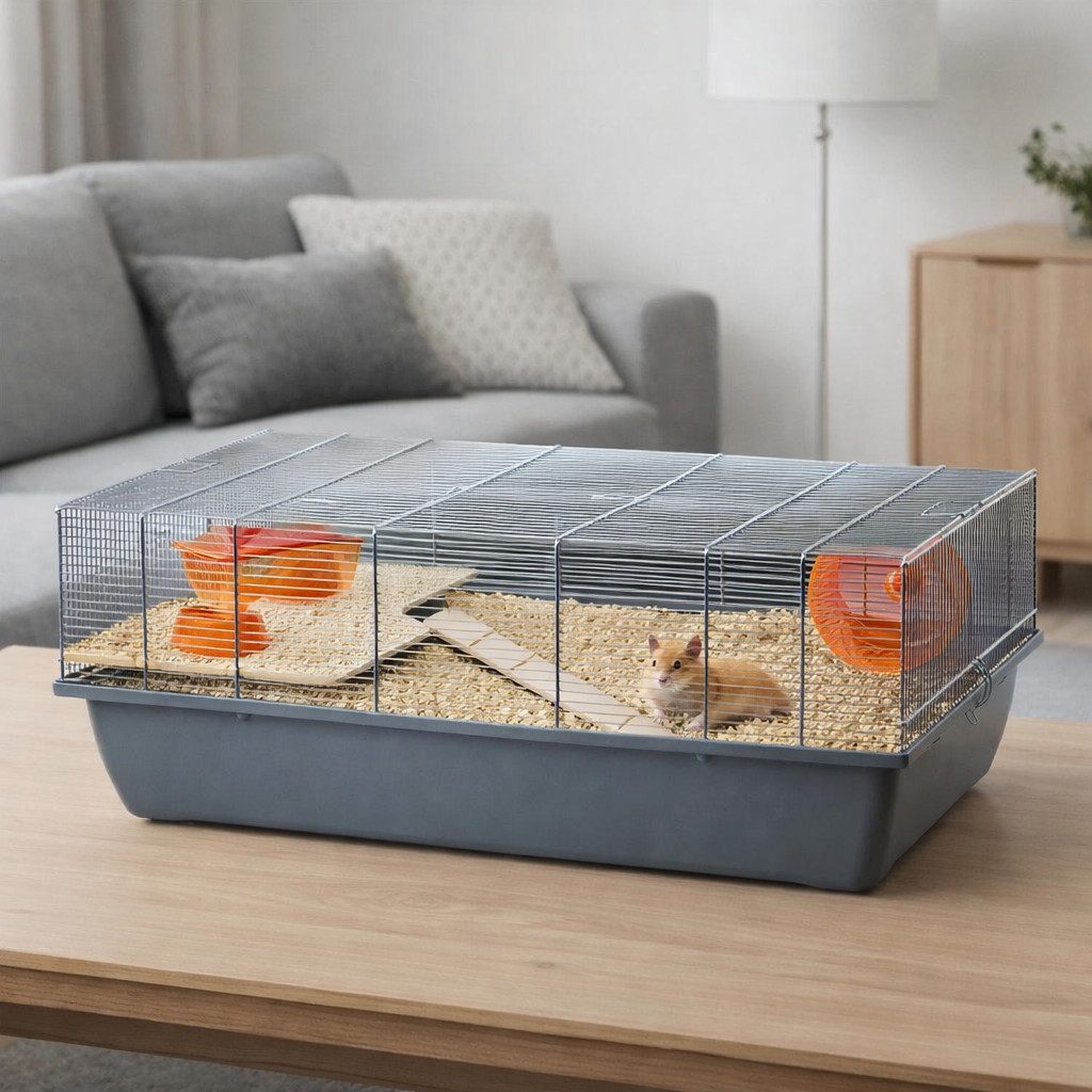 Ollesch Kleintierkäfig Mäusekäfig Hamsterkäfig Nagerkäfig 78x47x30cm grau mit Zubehör