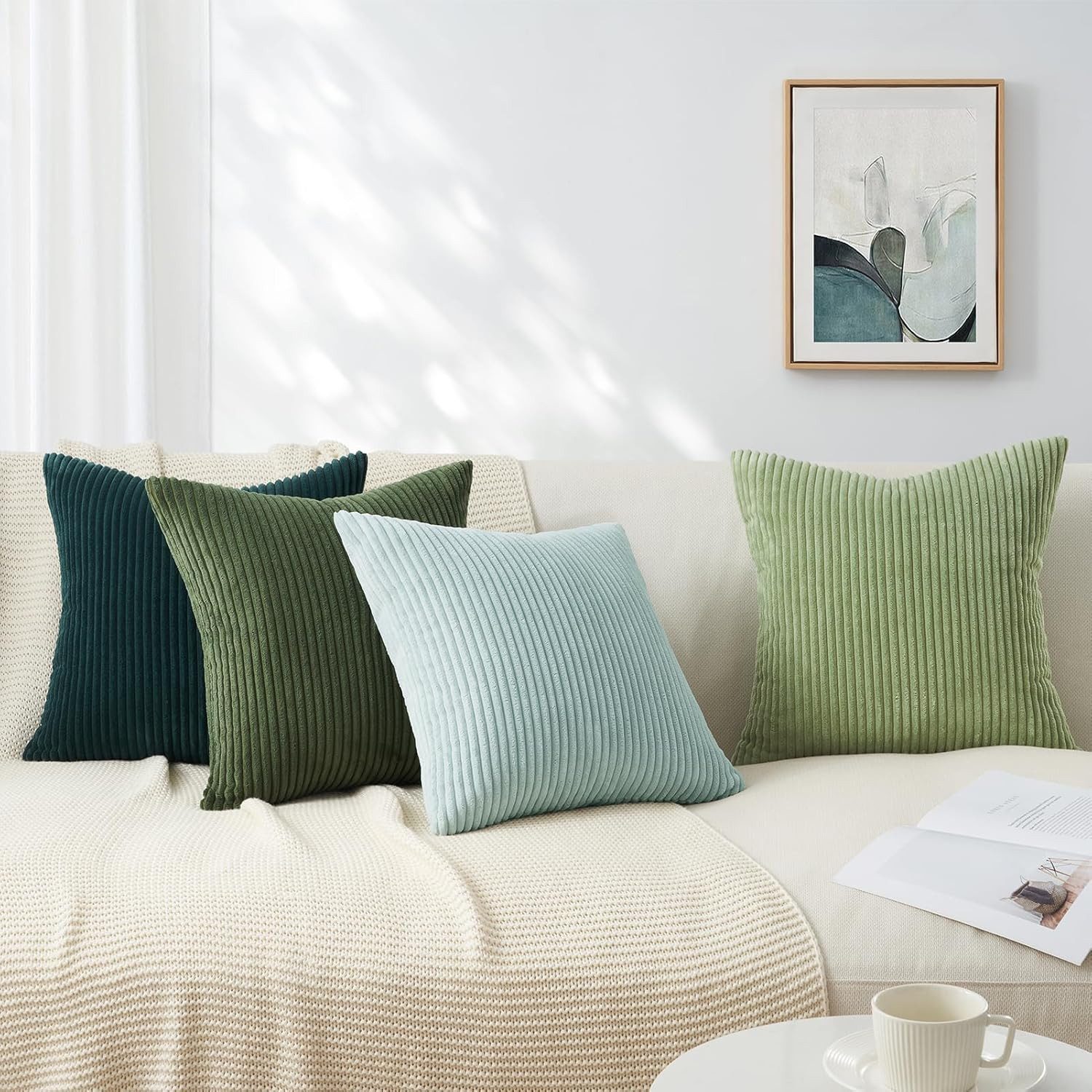 Topfinel Kissenbezüge 4er Set Kordsamt, flauschig Farbverlauf, Gestreift, kissenhüllen 50x50 Lichtgrün cord kissen sofakissen kissenbezug – Bild 4 von 5