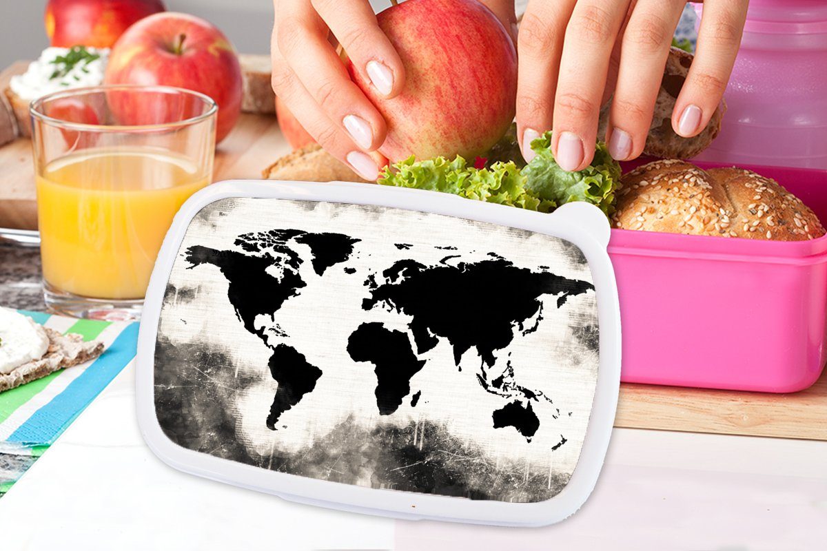 Schwarz Brotdose rosa - Kinder, Weltkarte Snackbox, - für Kunststoff, Brotbox - (2-tlg), Holz, Erwachsene, Kunststoff MuchoWow Mädchen, Lunchbox Weiß
