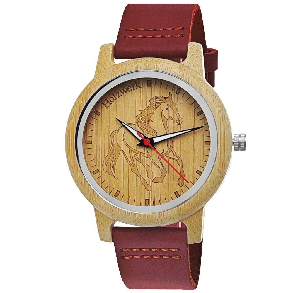 Holzwerk Quarzuhr TORI RED Damen Leder & Holz Uhr mit Pferd Motiv in rot, beige