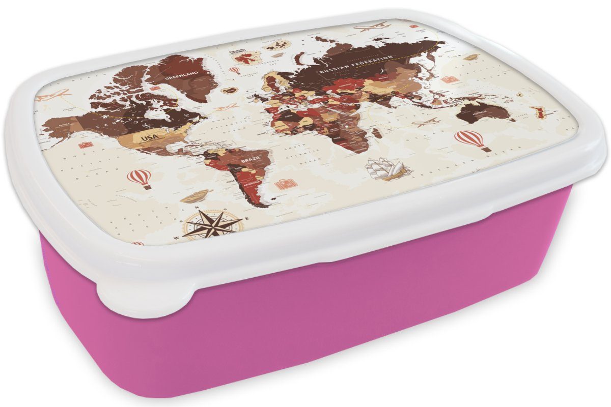 Lunchbox - (2-tlg), Brotbox Brotdose Rot, Mädchen, Braun MuchoWow Erwachsene, Kunststoff, Weltkarte Snackbox, Kinder, - Kunststoff für rosa